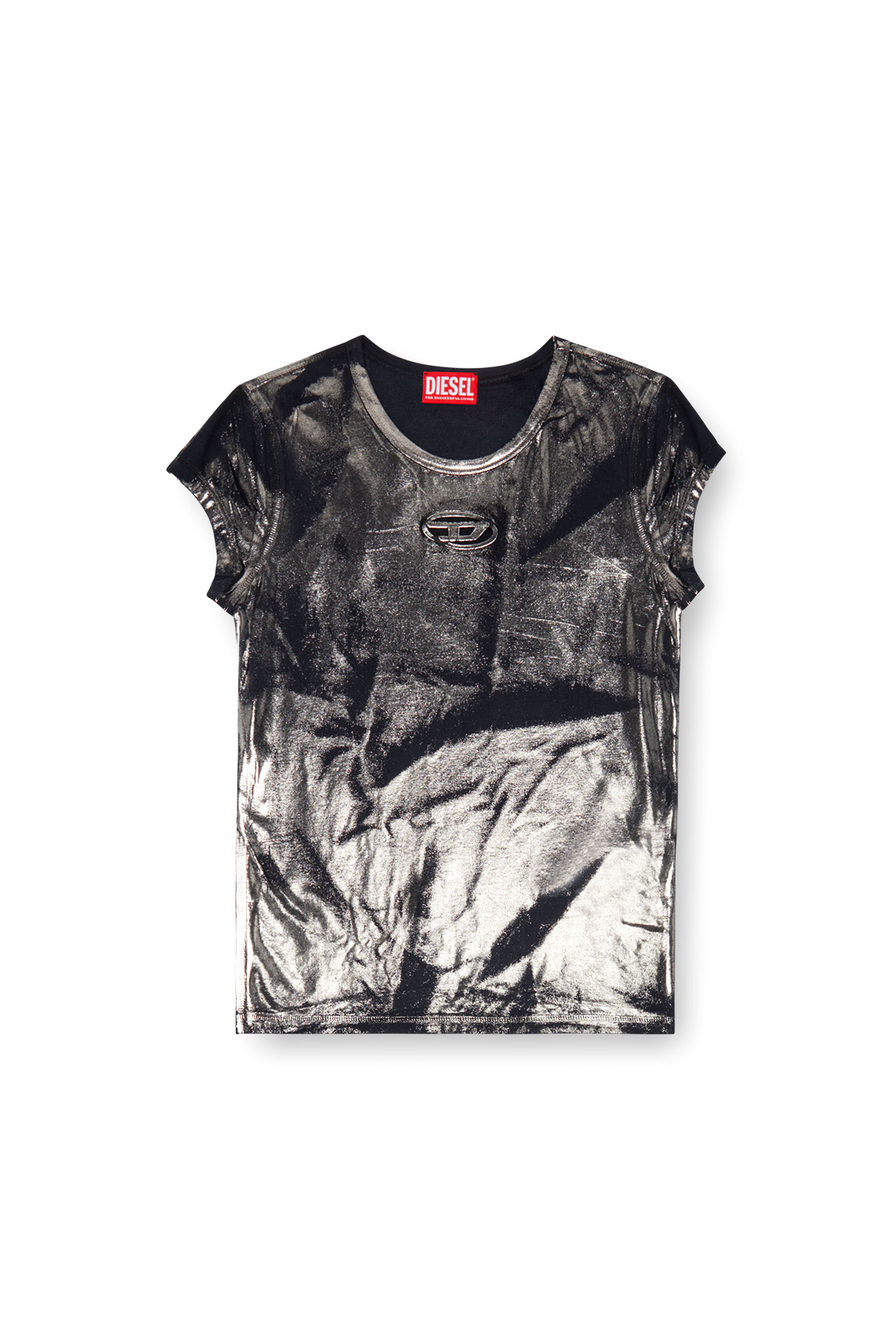 Diesel - T-ANGIE-P1, Woman Foiled T-shirt with cut-out logo in Black - Image 3