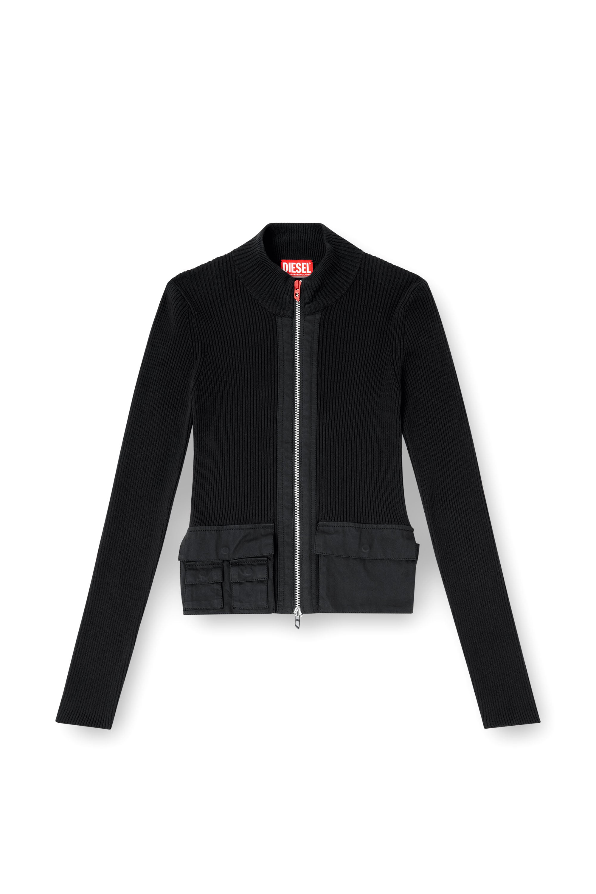 Diesel - M-MELISSA, Woman's Ribbed cardigan with cargo pockets in Black - 2