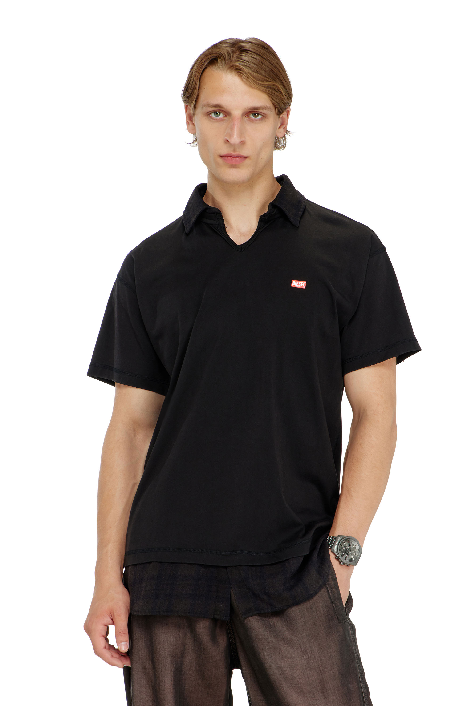 Diesel - T-ANSEL, Man's Jersey polo shirt with check flannel trims in null - 1