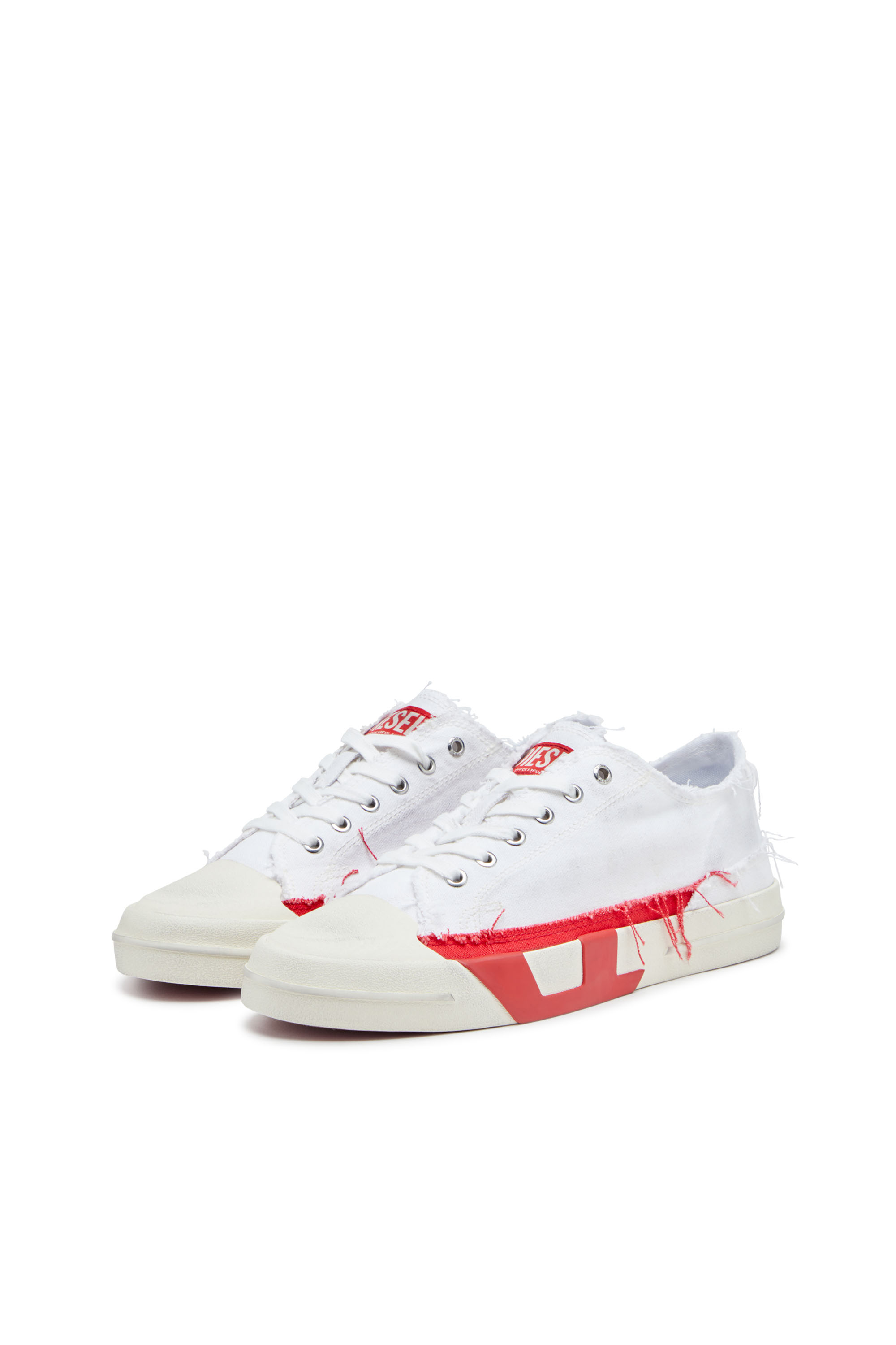 Diesel - S-D-VERSE LOW, Man's Dirty-effect canvas sneakers in White/Red - 8