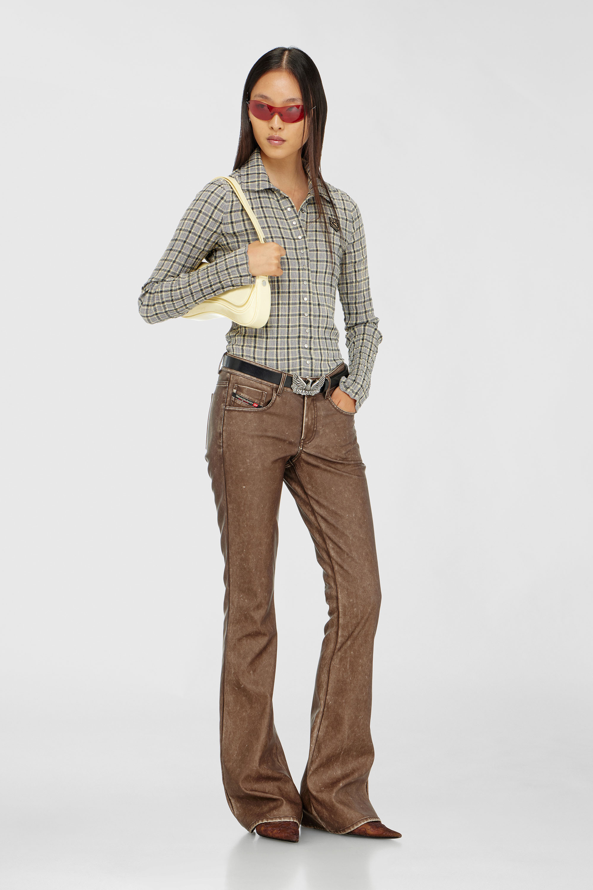Bootcut pants in treated coated fabric