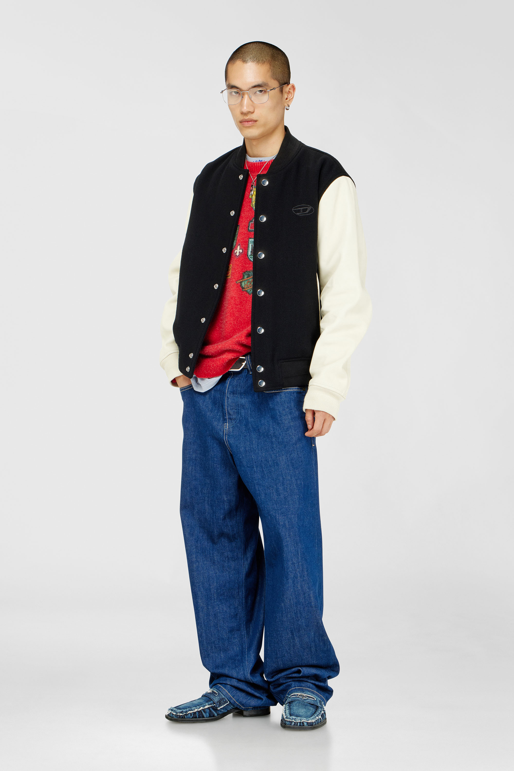 Bomber jacket in wool blend and leather