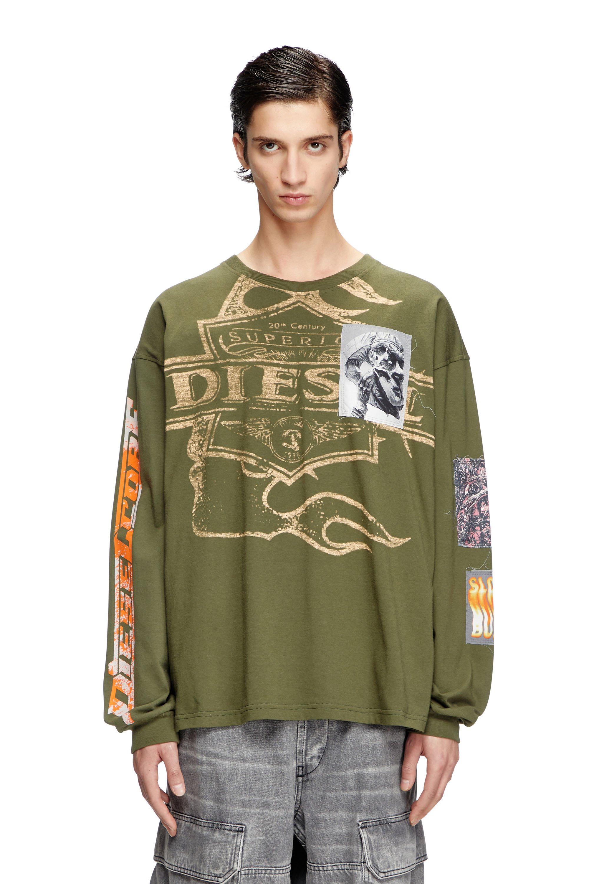 Diesel - T-BOXT-LS-SLITS-R5, Man's Long-sleeve T-shirt with graphic patches in Military Green - 1