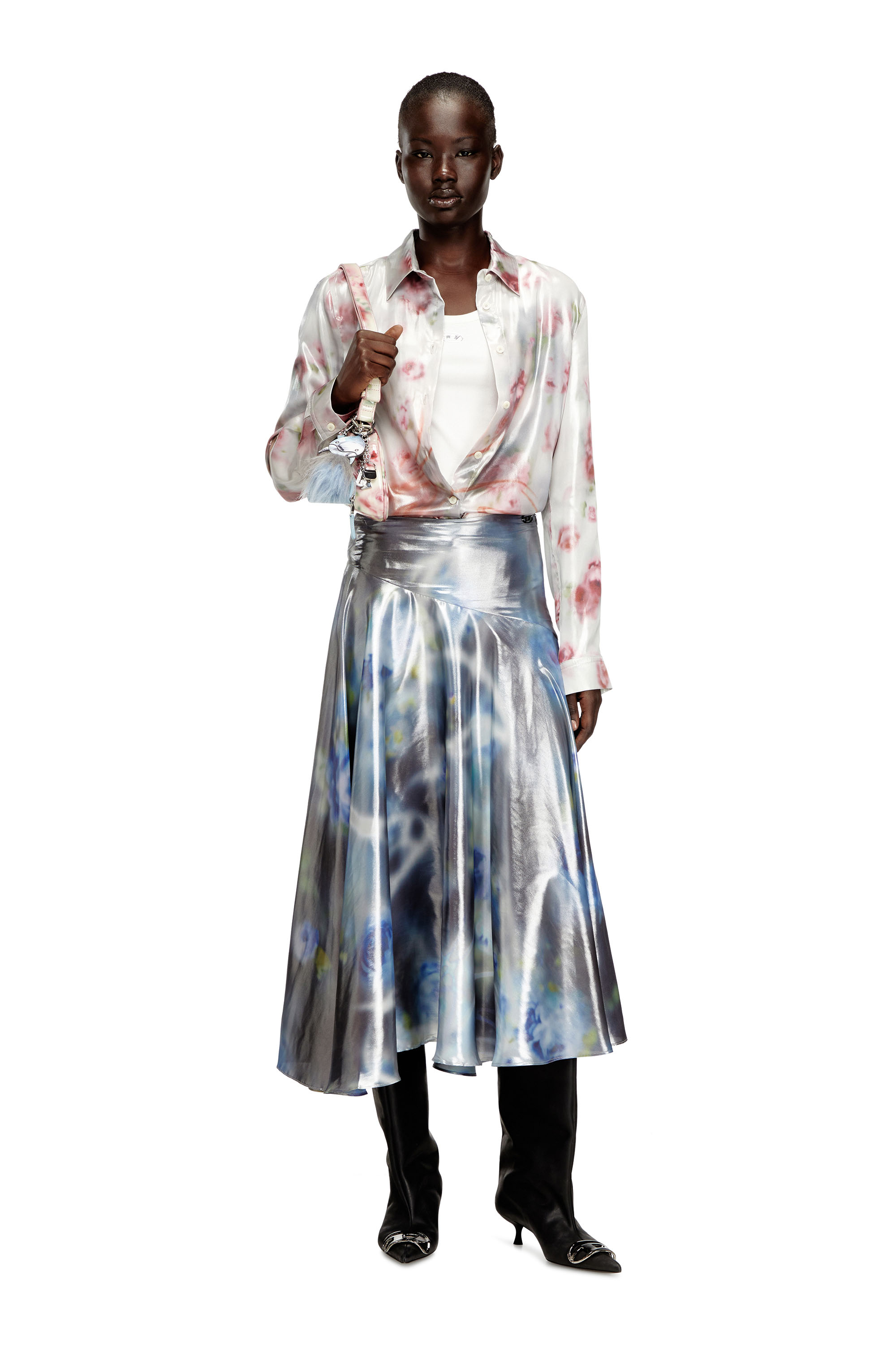 Diesel - C-RONOR-S2, Woman's Metallic shirt with blurred roses print in Pink/White - 1