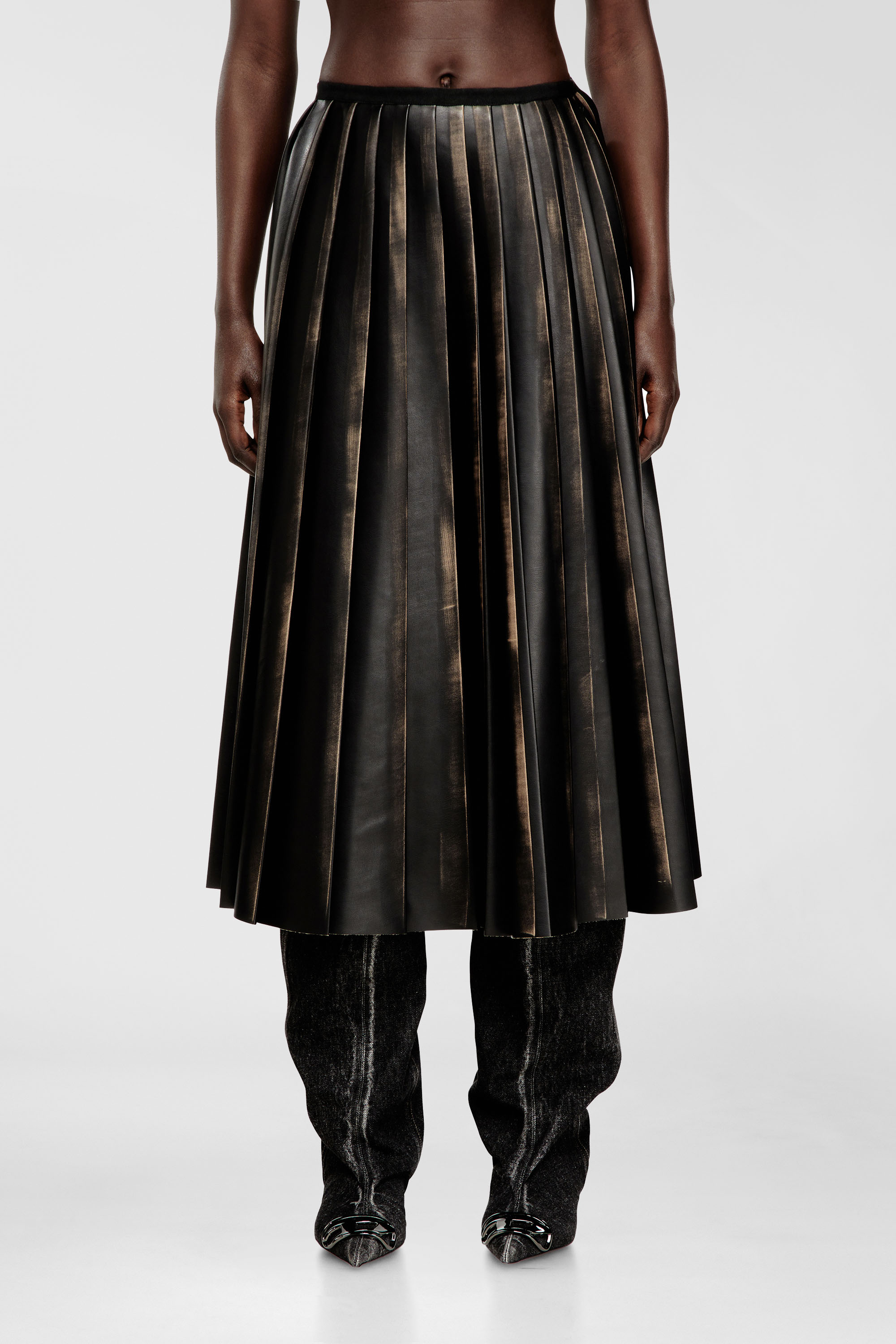 Diesel - O-SAKA, Woman's Distressed pleated midi skirt in Black/Brown - 1