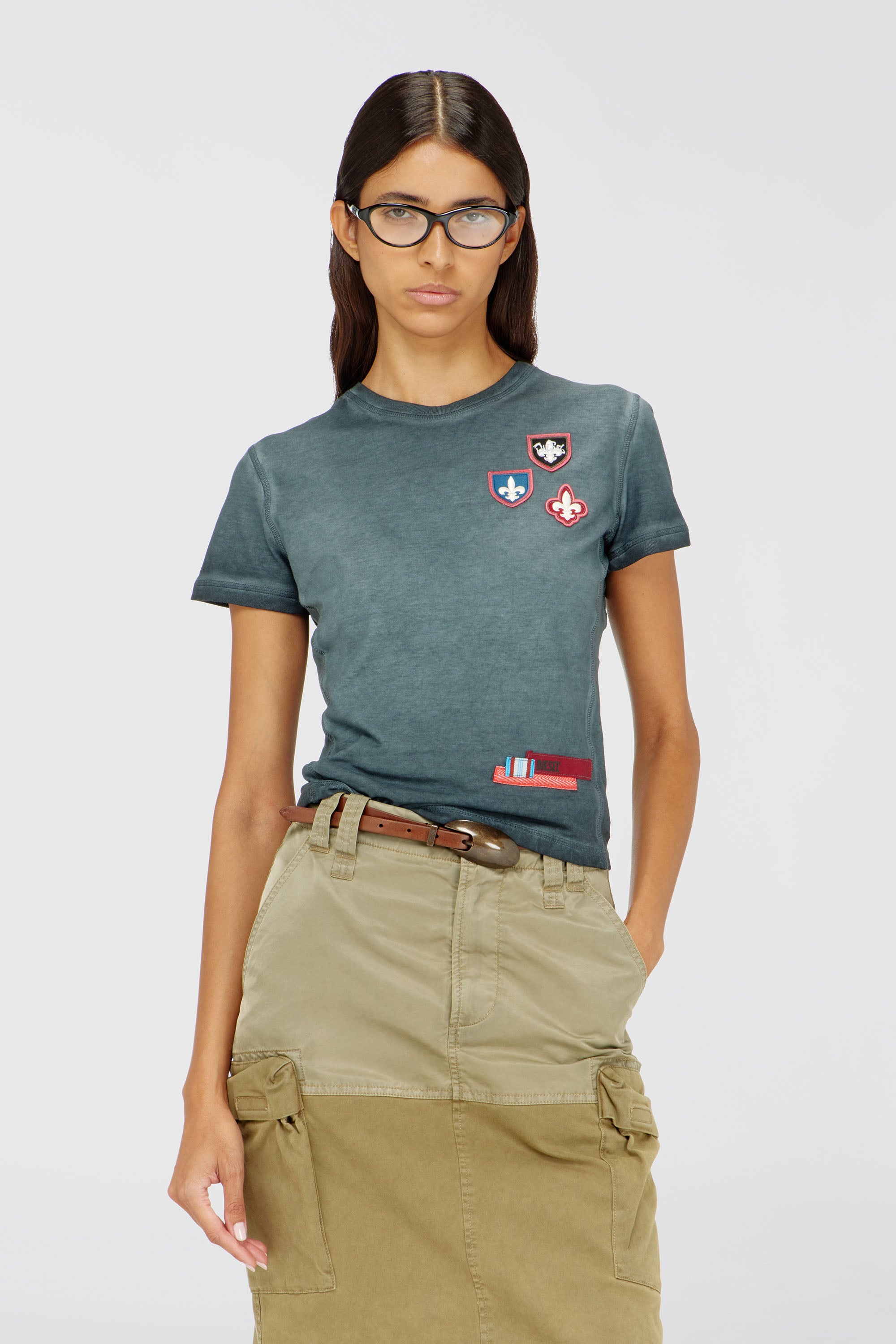 Diesel - T-UNCUTY-WAF, Woman's T-shirt with patches and microwaffle sides in Dark Green - 1