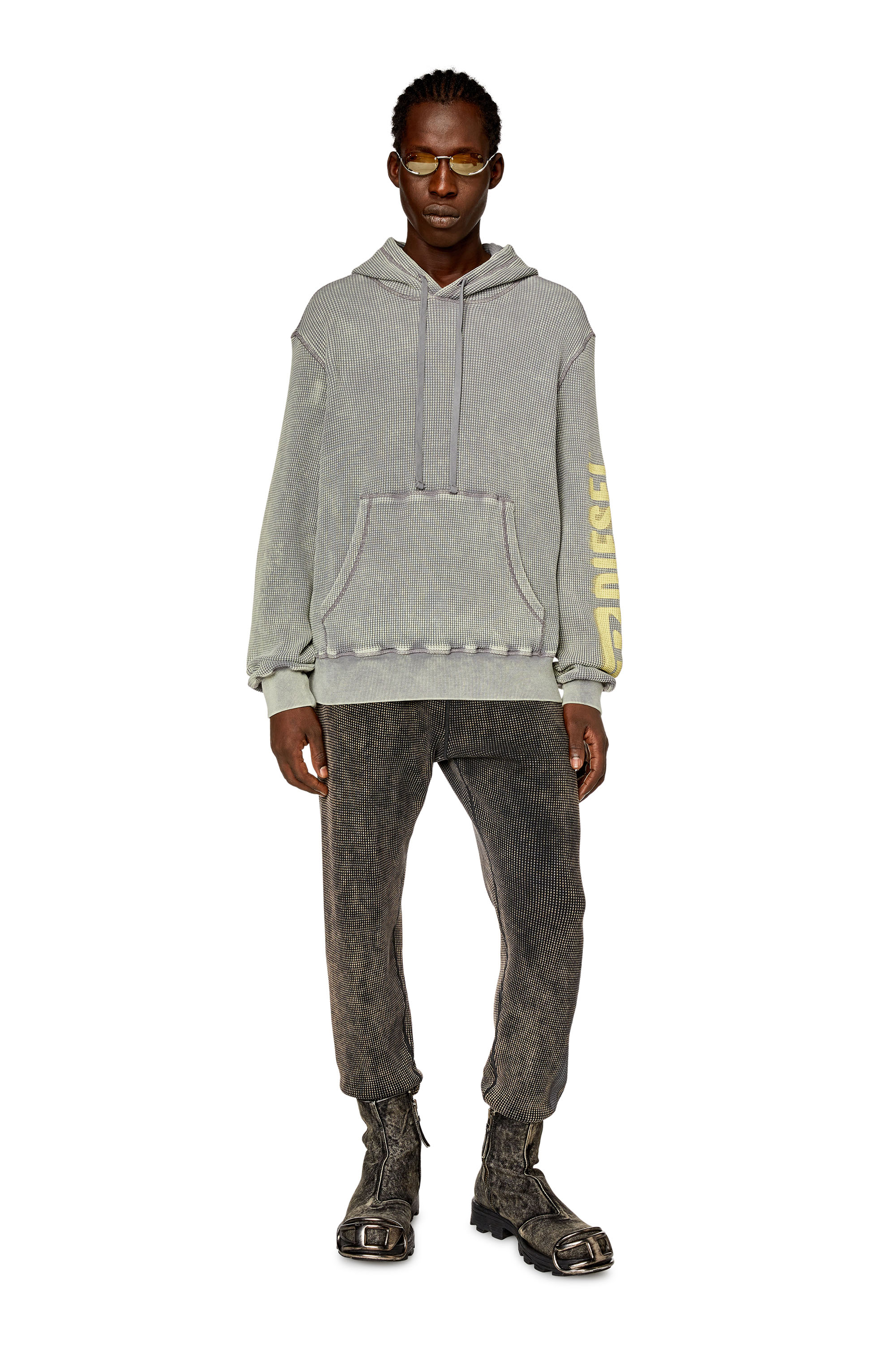 Diesel - S-GINAFY-HOOD, Man's Hoodie in macro-waffle jersey in Grey - 1