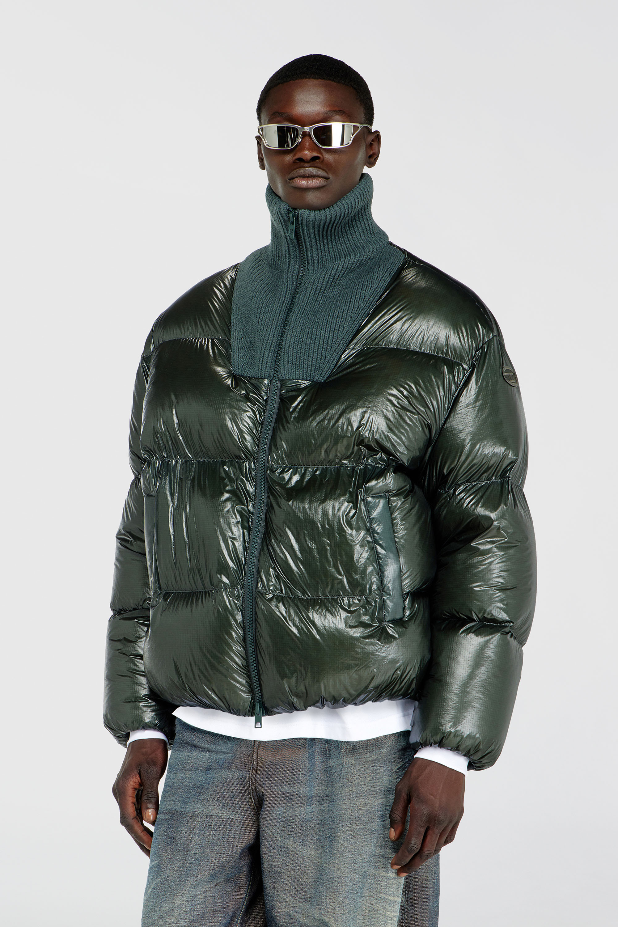 Diesel - W-RIBB, Man's Down puffer jacket in ripstop with ribbed collar in Dark Green - 1