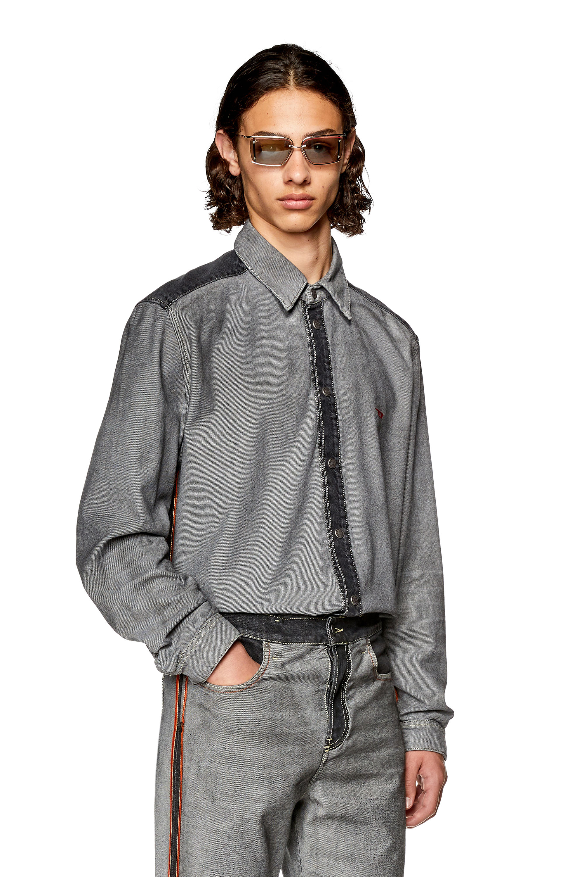 Diesel - D-SIMPLY-SP1-S, Man's Shirt in two-tone denim in Grey - 3