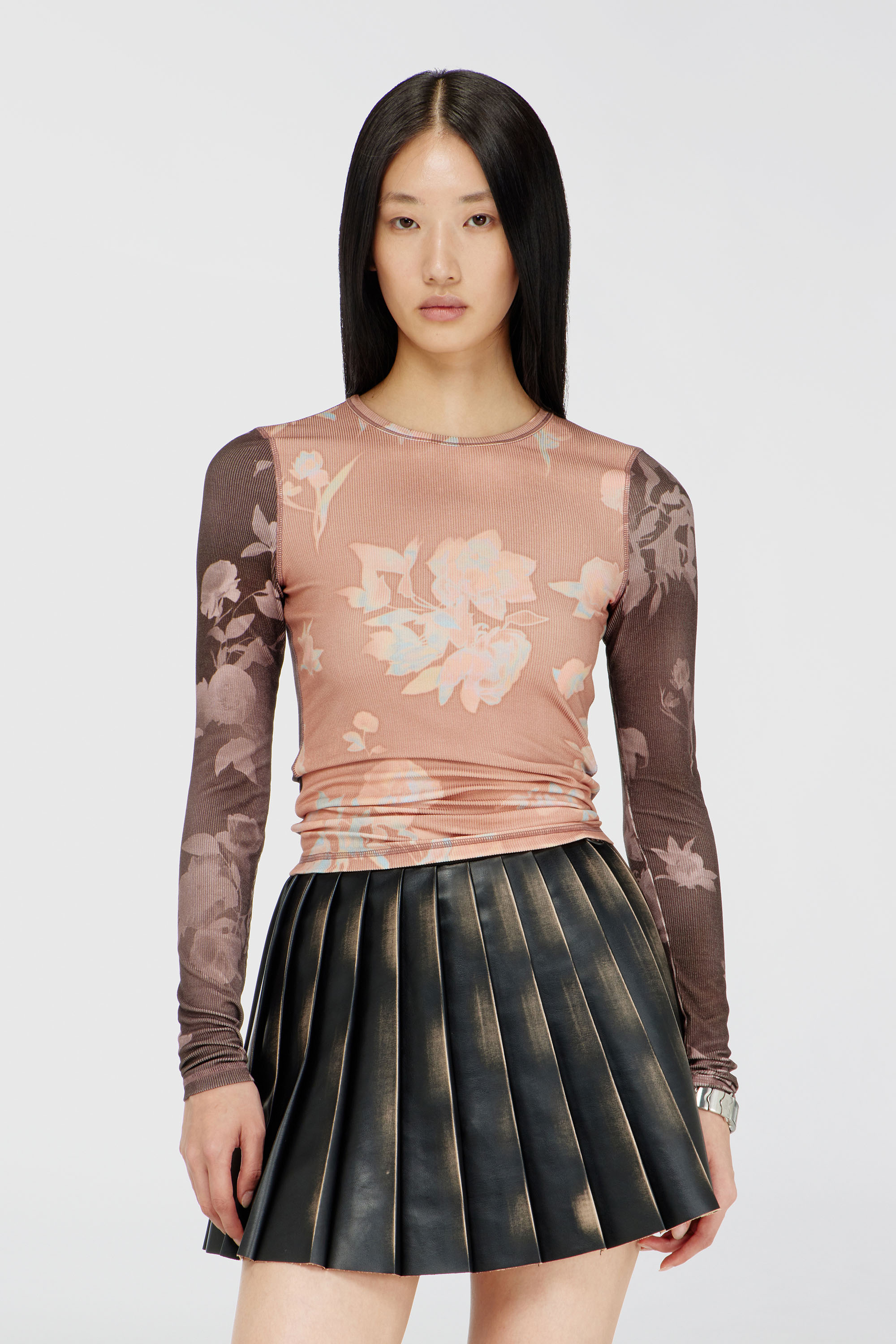 Diesel - T-MOKY-LS, Woman's Top in floral-print ribbed jersey in Pink/Brown - 3
