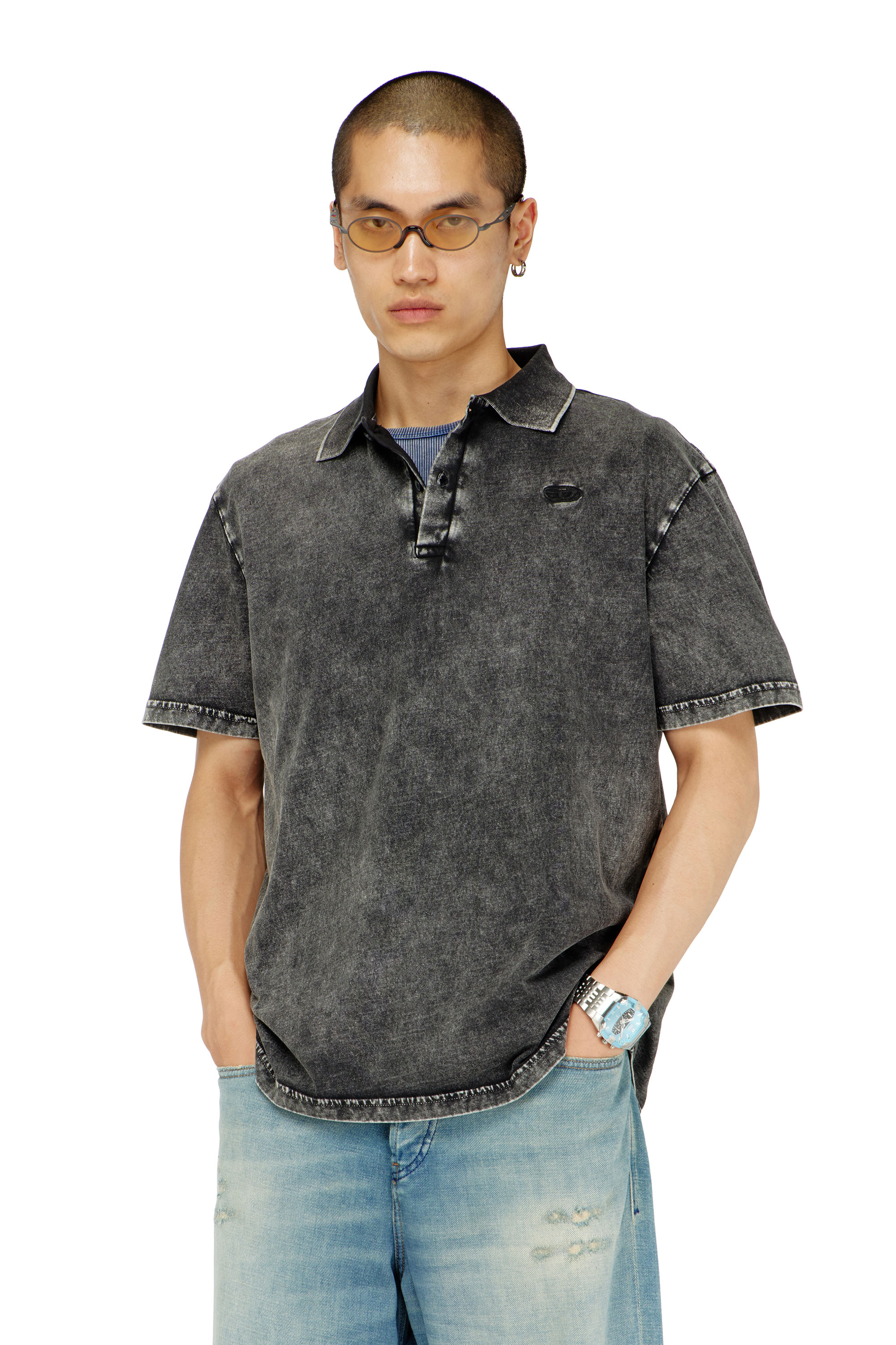 Diesel - T-REJUST-NC-DEN, Man's Polo shirt in denim-effect jersey in Dark grey - 1