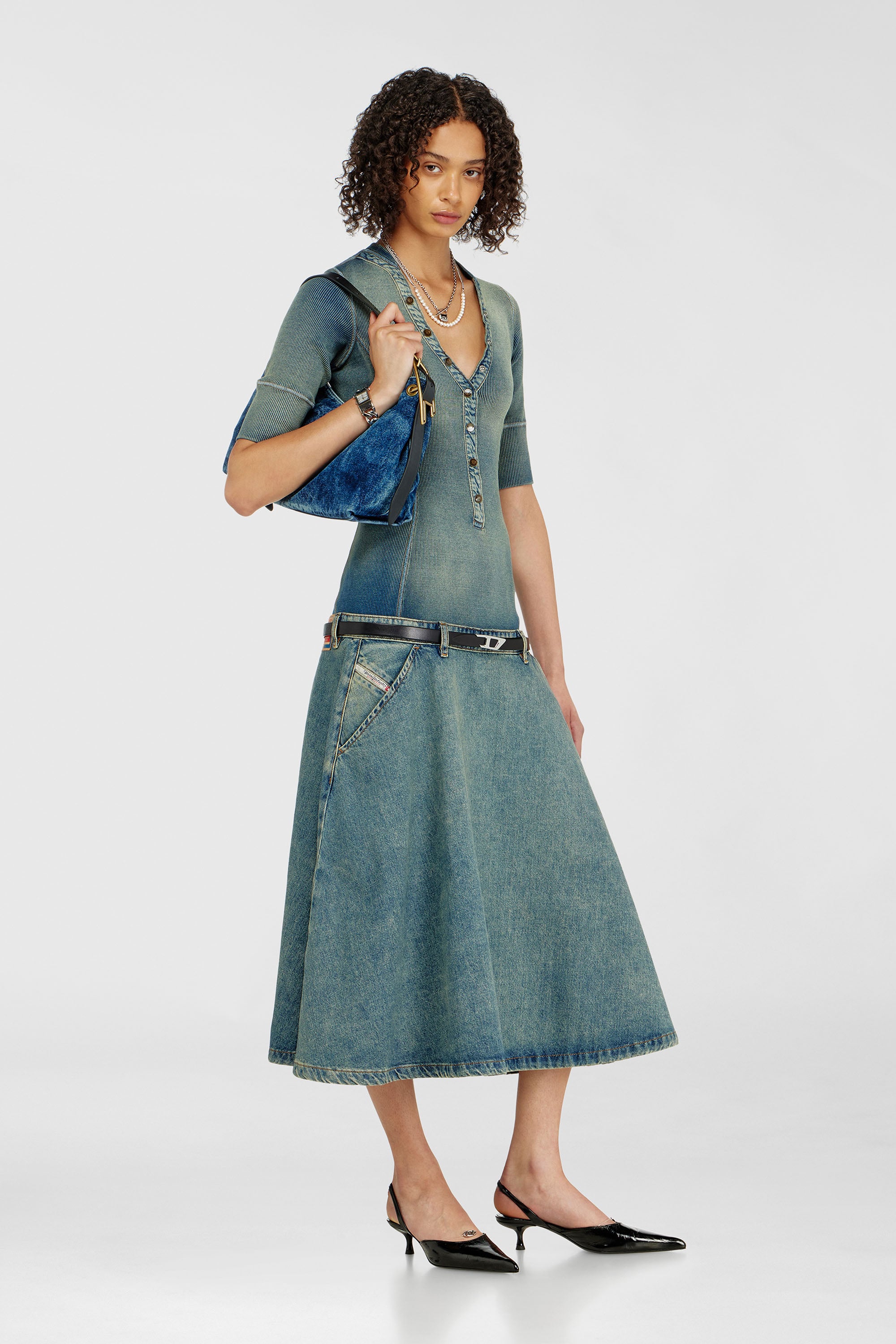 Diesel - DE-ANIM-S, Woman's Drop-waist midi dress in knit and denim in Medium blue - 2