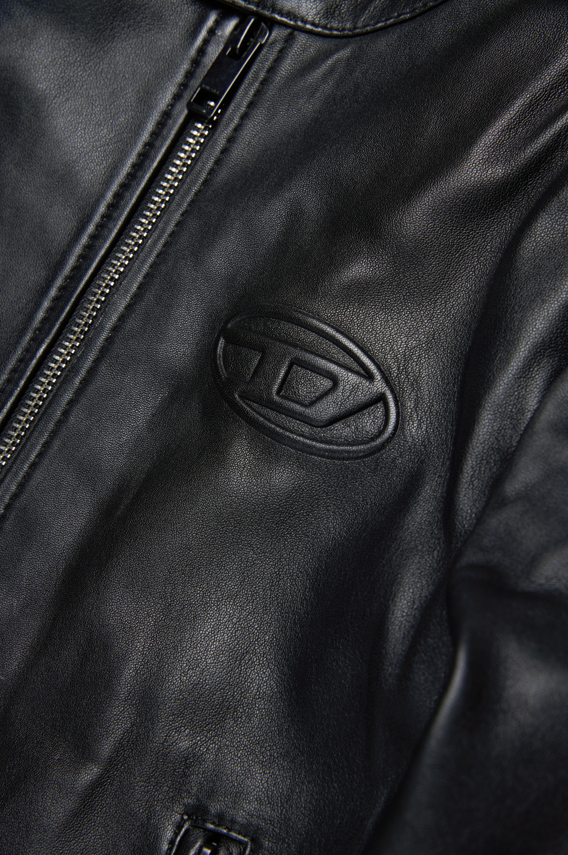 Diesel - JLHEIN, Man's Leather biker jacket with embossed Oval D in Black - 4