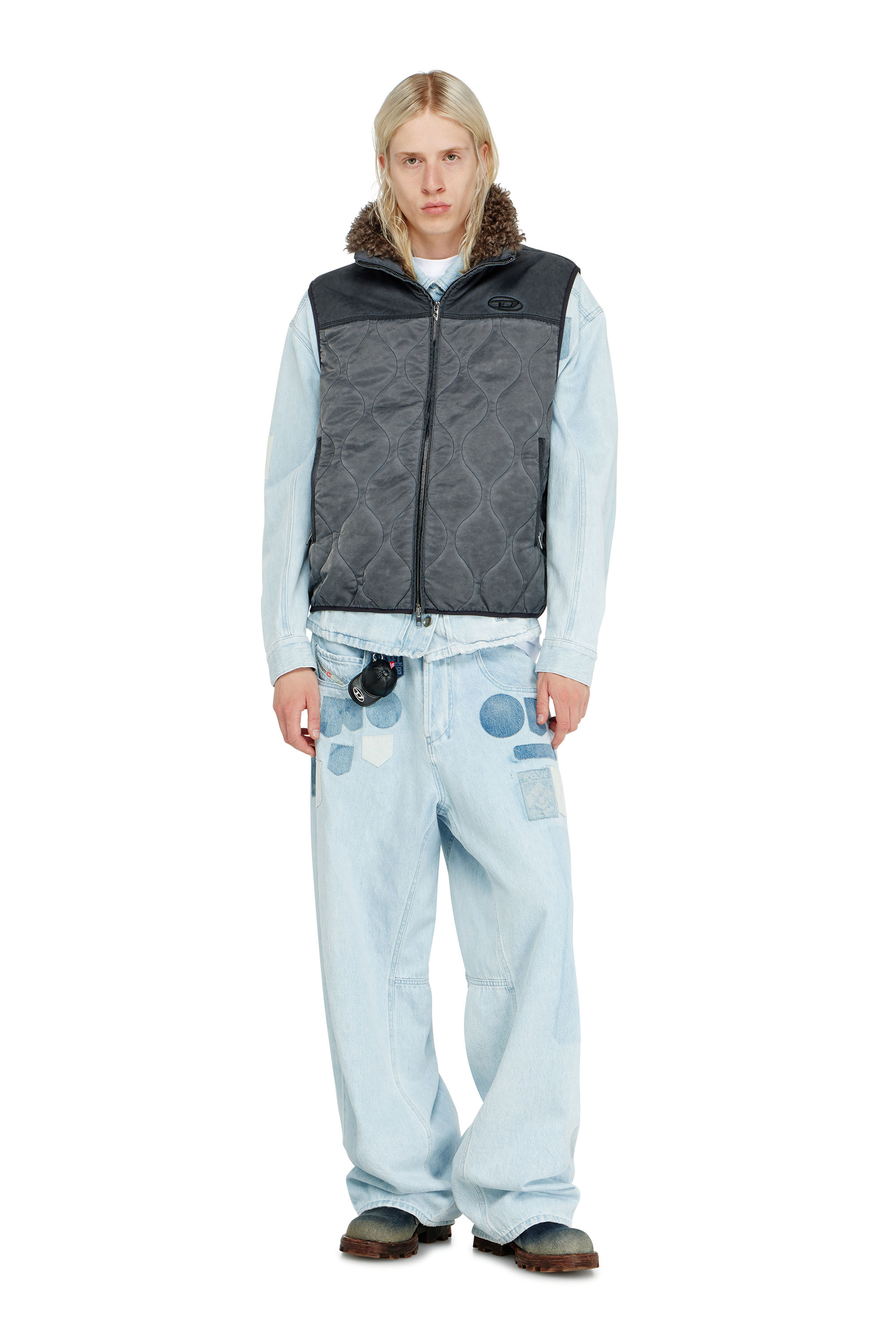 Diesel - J-ALVAR, Man's Quilted vest with fluffy neck lining in Dark grey - 1