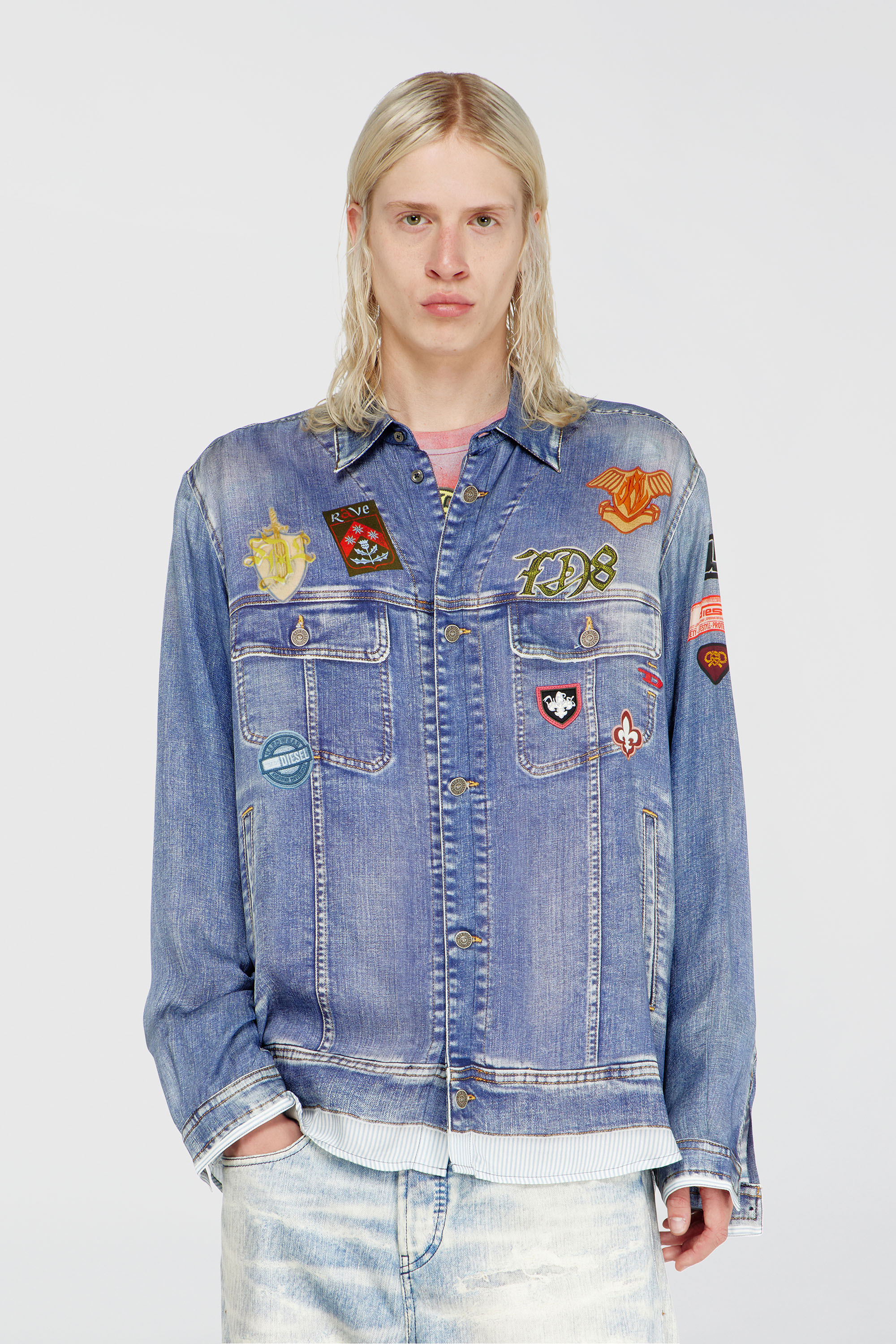 Diesel - S-SIMPLY-PATCH, Man's Satin shirt with trompe-l'oeil denim print in Medium blue - 1