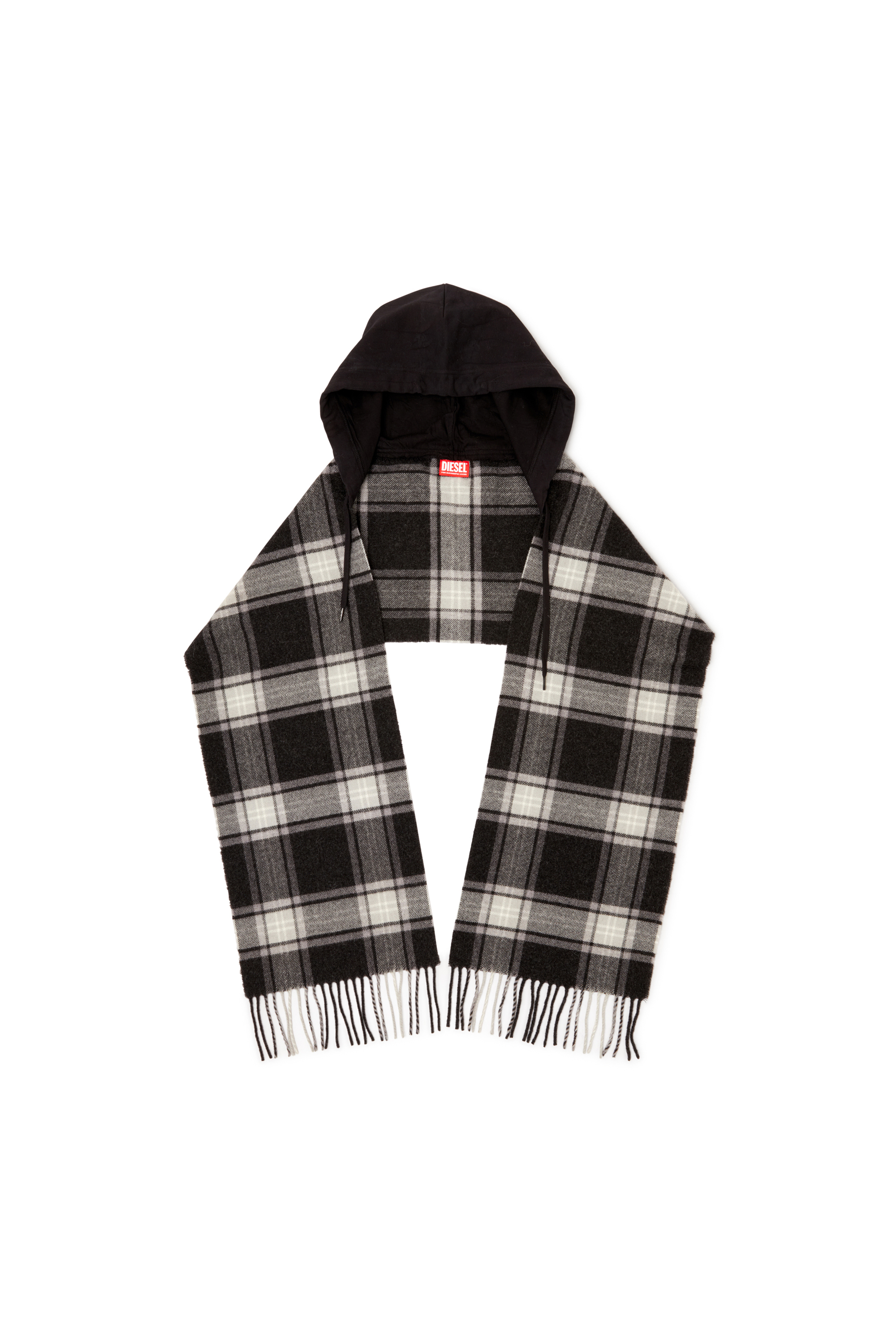Diesel - S-CARHOOD, Man's Hooded wool-blend scarf with fringes in Black/White - 1
