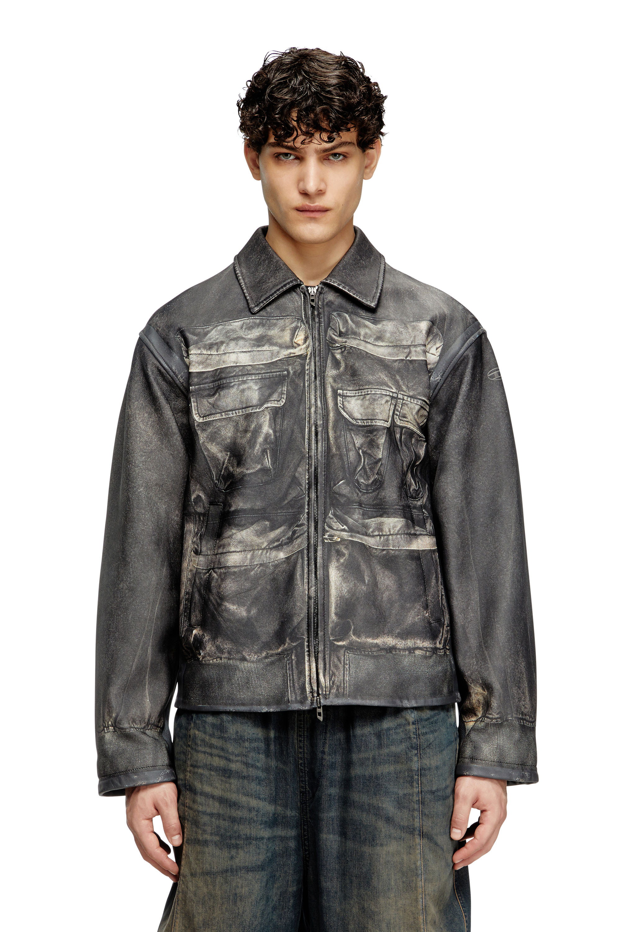 Diesel - L-MAYER, Man's Leather jacket with trompe l'oeil pockets in Black - 3