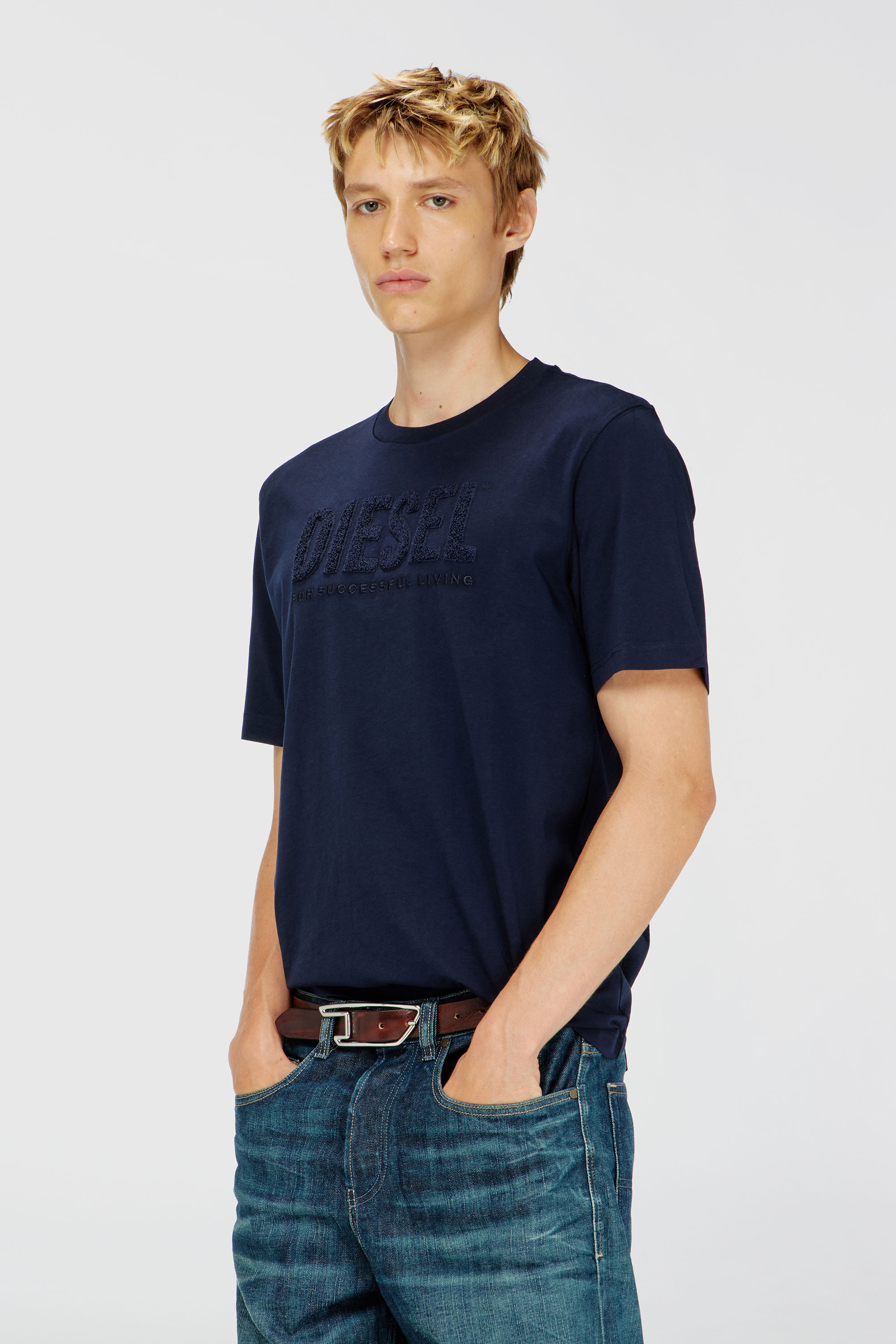 Diesel - T-JUST-OVA-T92, Man's Cotton T-shirt with tonal Diesel logo print in Navy Blue - 3