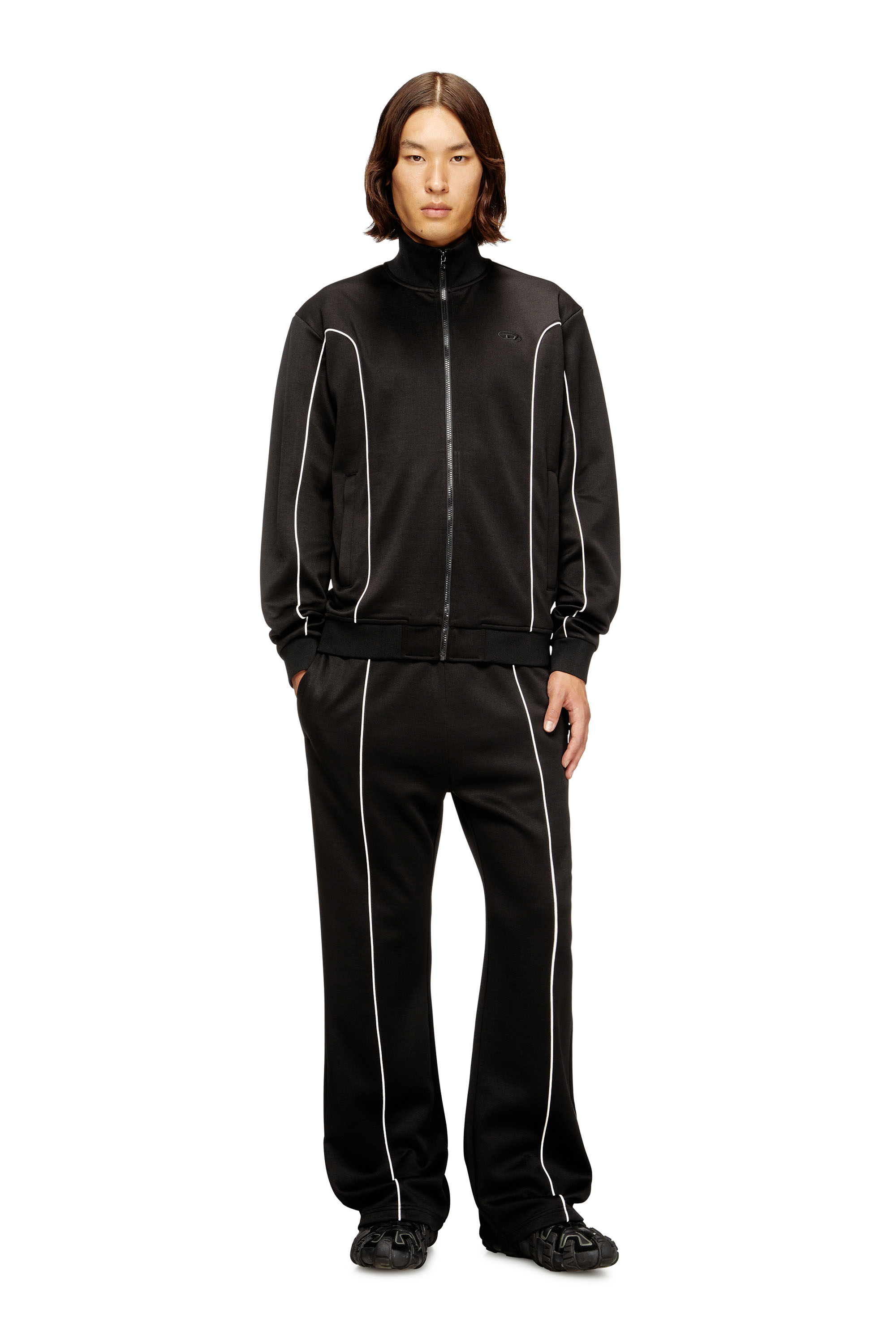 Diesel - S-LOCKING-DO, Man's Sweat fabric track jacket with contrast piping in Black - 2