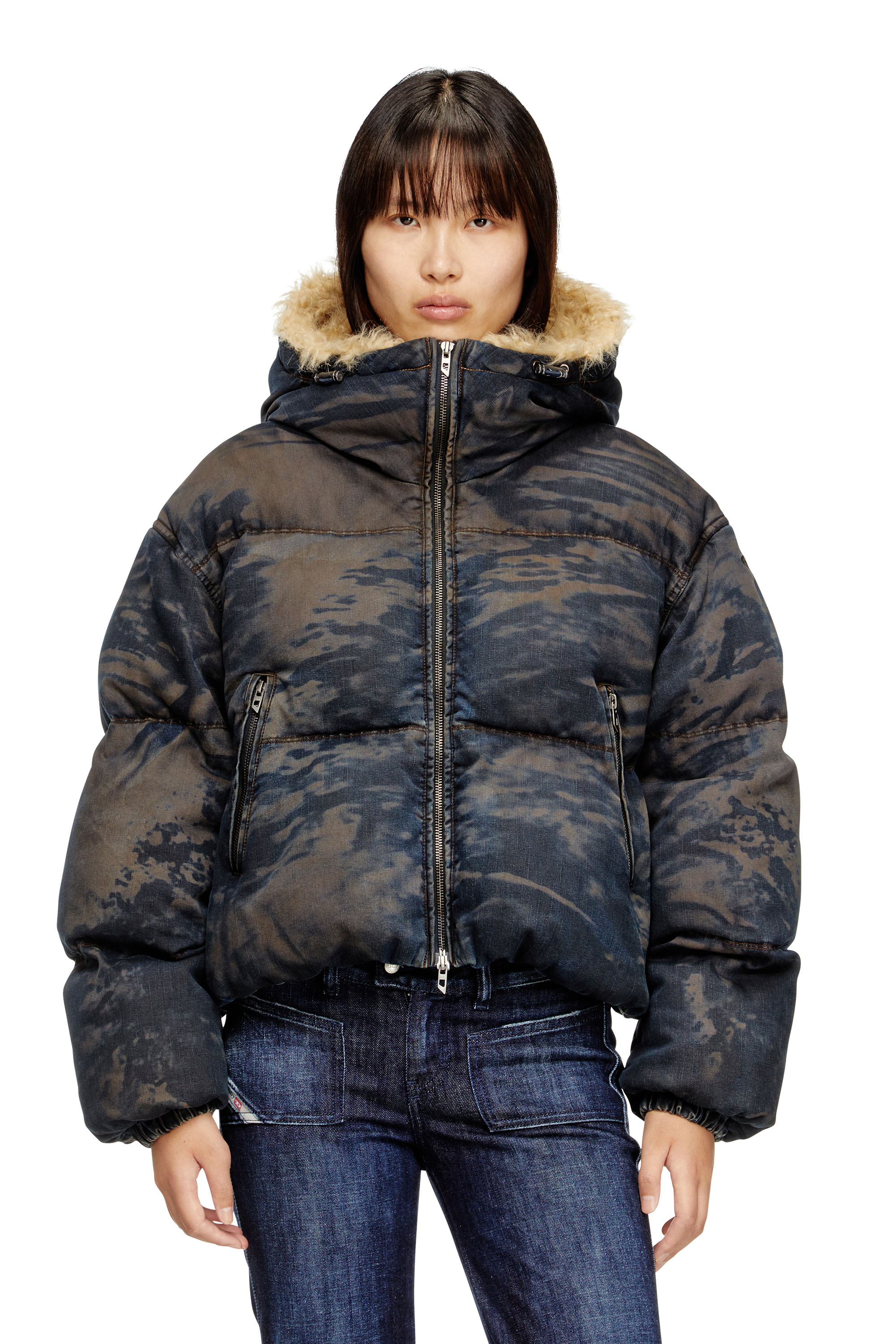 W-AVES-FUR, Black/Brown Diesel - W-AVES-FUR, Woman's Hooded puffer jacket in dirt-effect camo denim in Black/Brown - 3