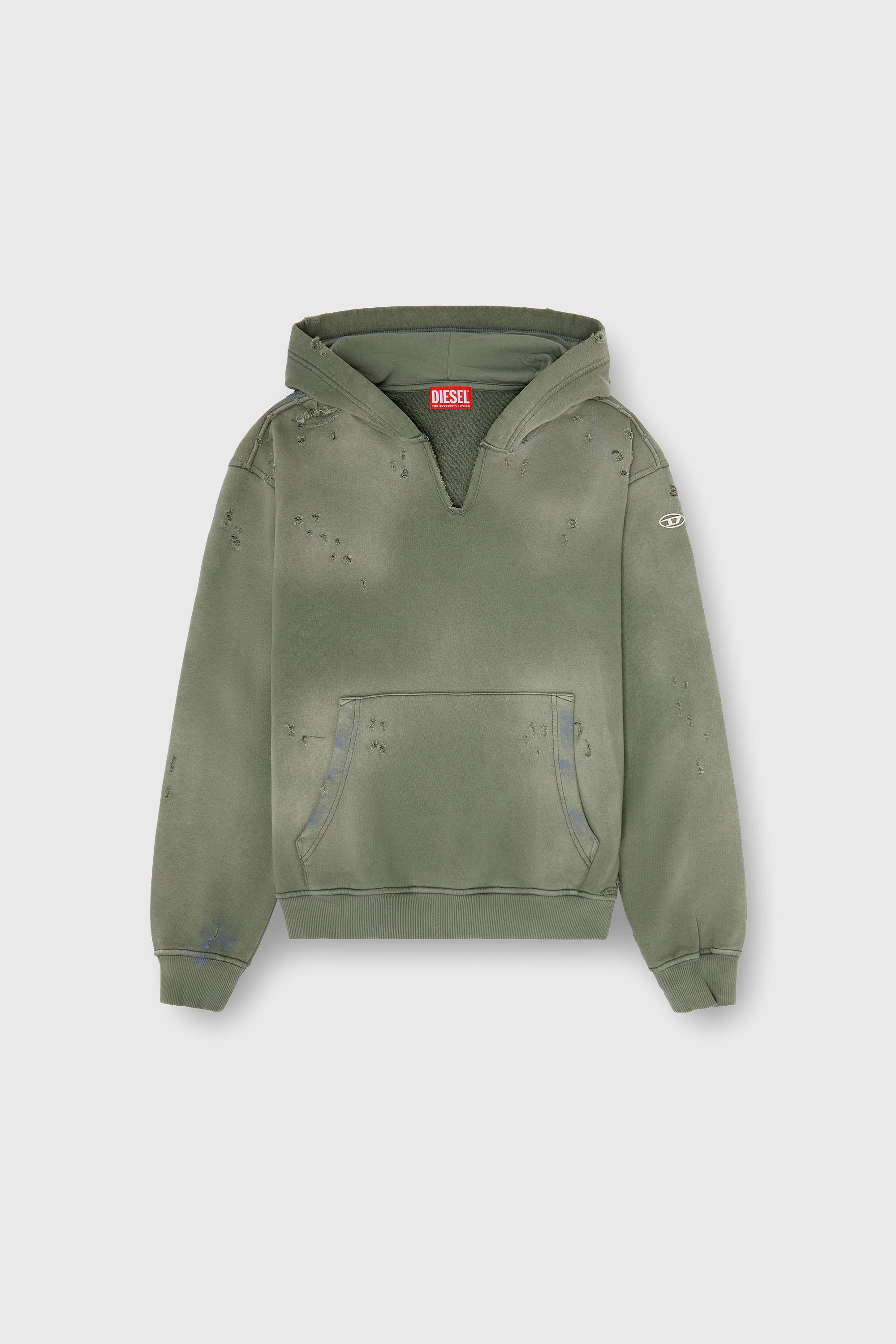 Diesel - S-KEITHY, Man's Distressed hoodie with V-neck in Olive Green - 2