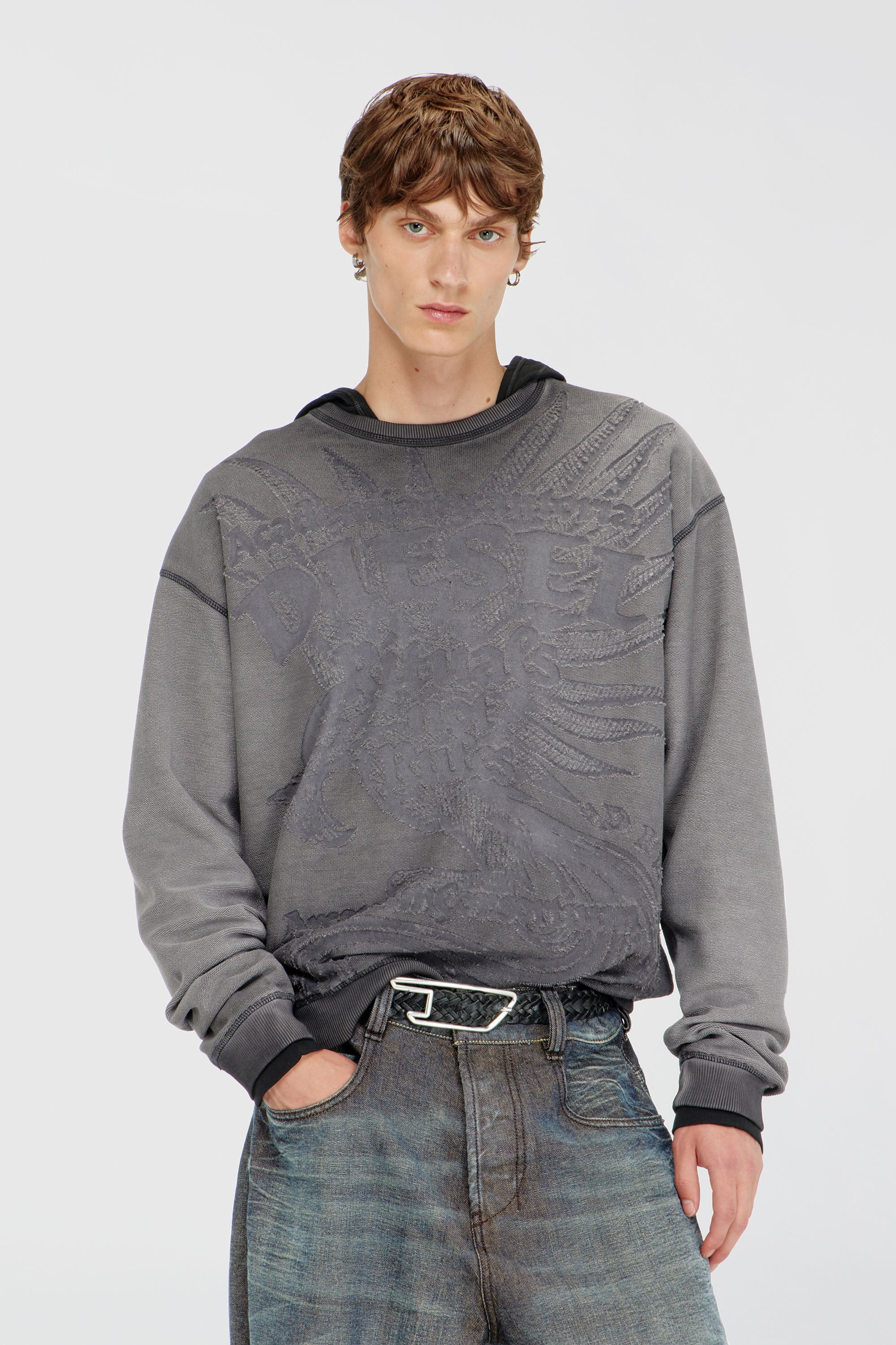 Diesel - S-ARON-RAW, Man's Sweatshirt with d&eacute;vor&eacute; print in Dark grey - 1