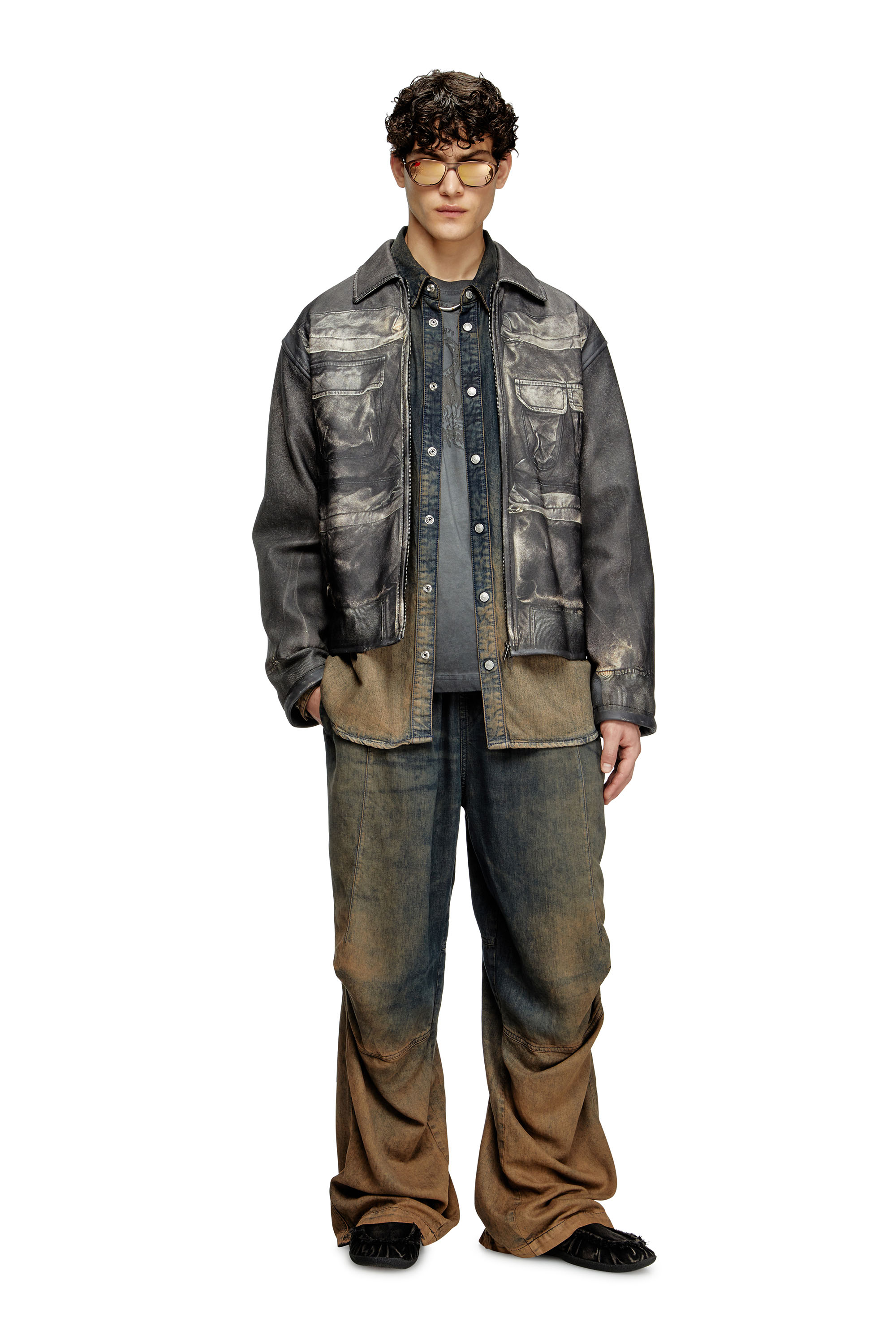 Diesel - L-MAYER, Man's Leather jacket with trompe l'oeil pockets in Black - 1