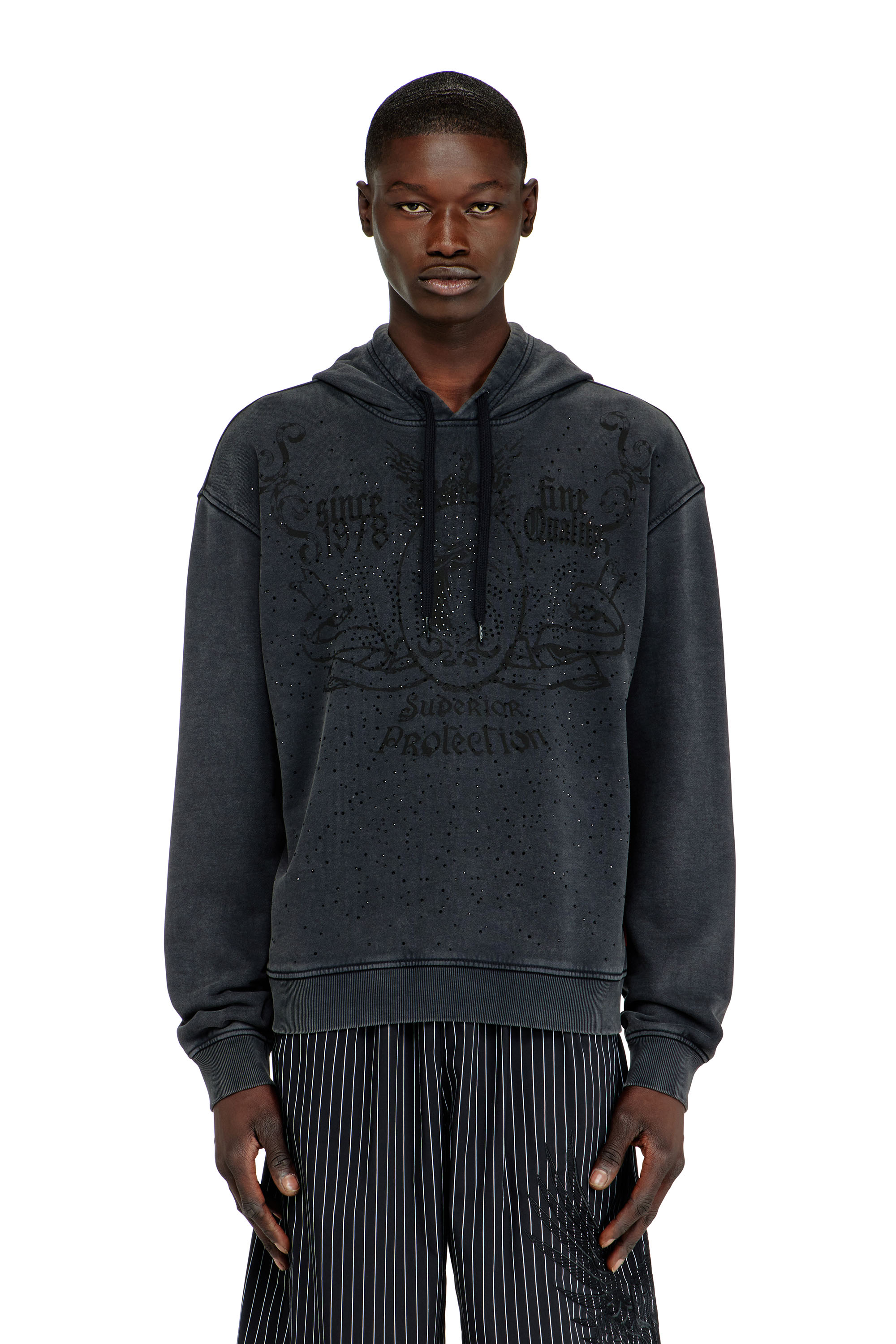 Diesel - S-NORM-HOOD-AA3, Man's Printed hoodie with rhinestone studs in Dark grey - 1