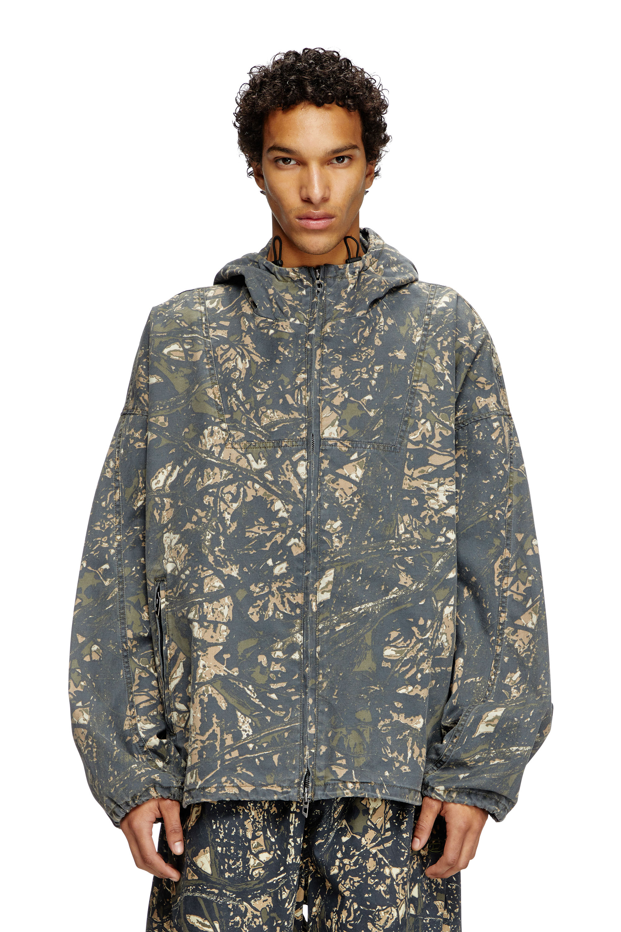 Diesel - J-LINT, Man's Hooded jacket with camo print in Green/Brown - 1