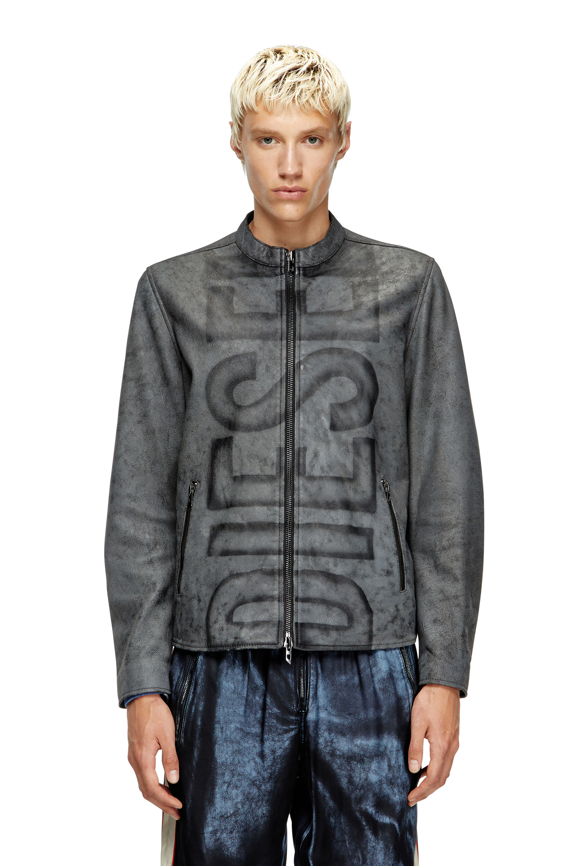 Diesel - L-EVERT-A, Man's Treated leather biker jacket with faded logo in Grey - 1