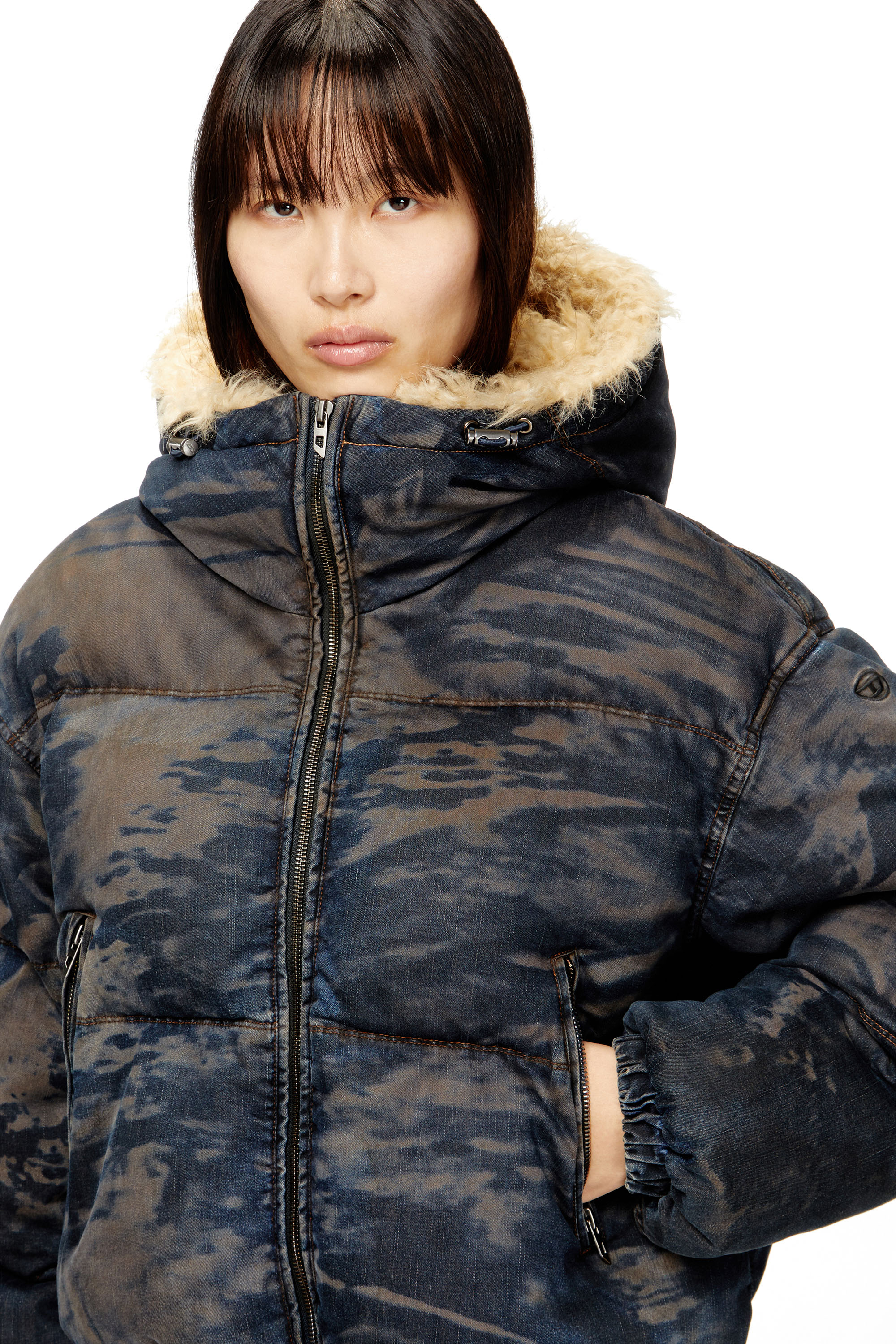 W-AVES-FUR, Black/Brown Diesel - W-AVES-FUR, Woman's Hooded puffer jacket in dirt-effect camo denim in Black/Brown - 5