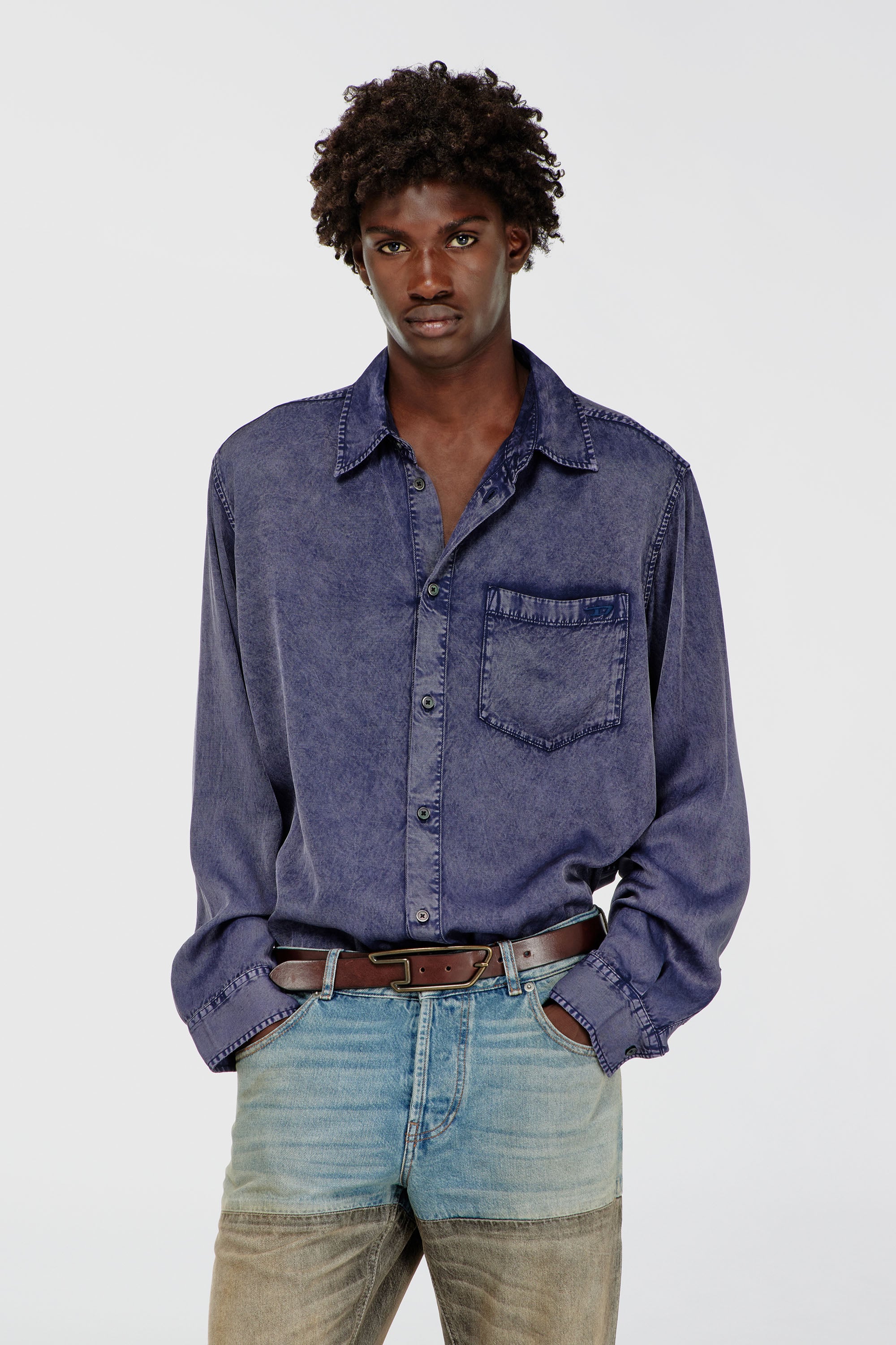 Diesel - S-SIMPLY-NIBC, Man's Fluid shirt in denim-effect viscose in Blue - 1