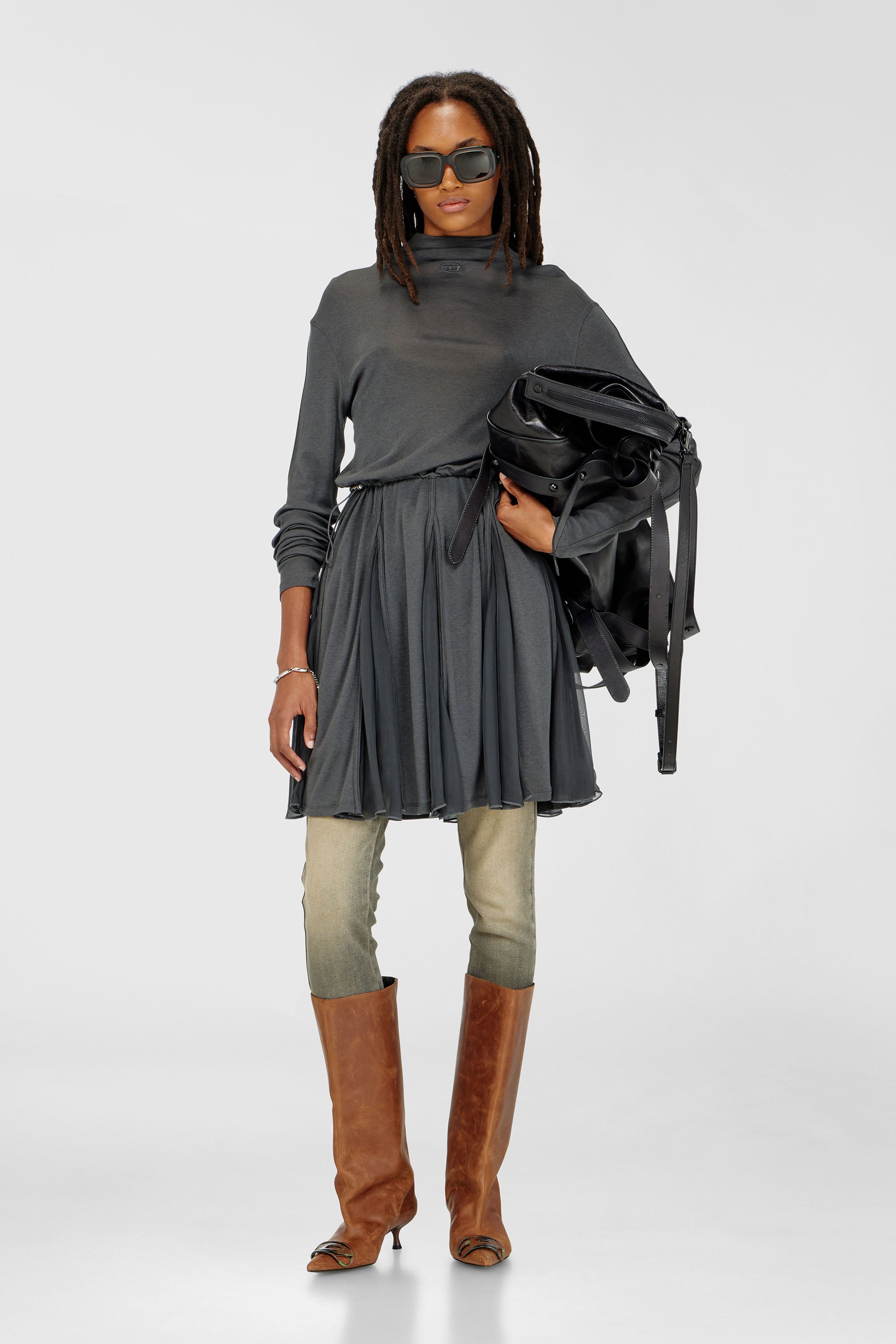 Diesel - D-REI, Woman's Turtleneck mini dress in jersey and chiffon in Grey - 2