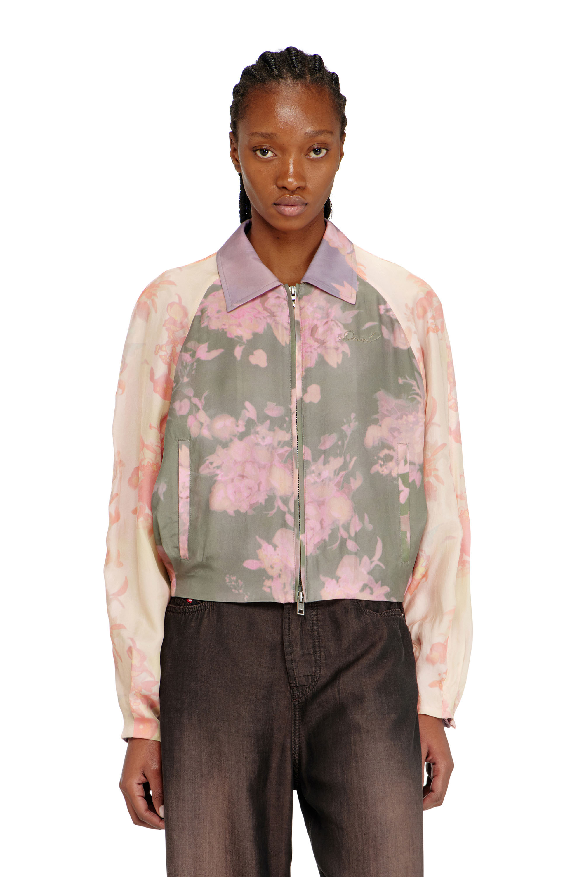 Diesel - G-ALENA, Woman's Floral bomber jacket in crinkled acetate in Green/Pink - 3