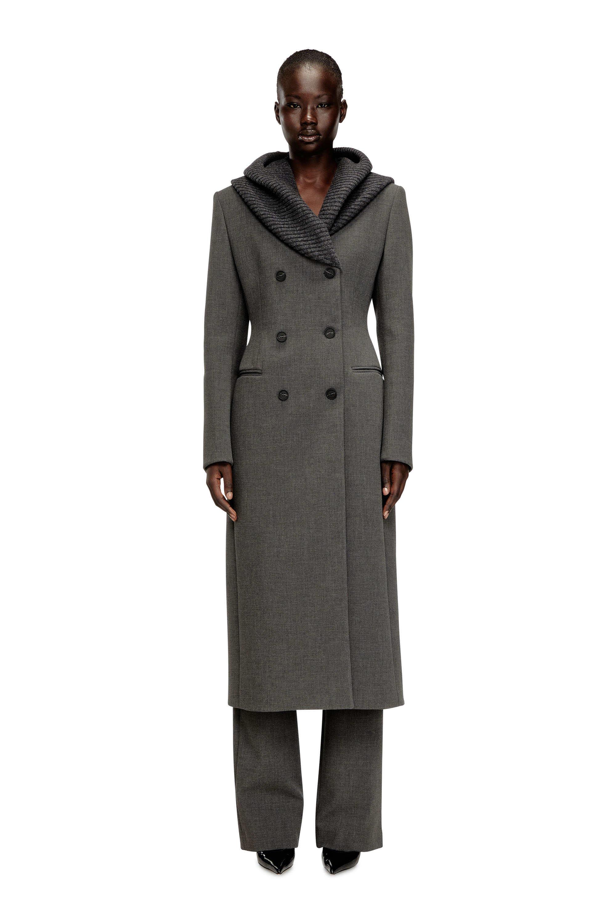 Diesel - G-OLDEN-LONG, Woman's Long hourglass coat with knitted cowl hood in Grey - 3