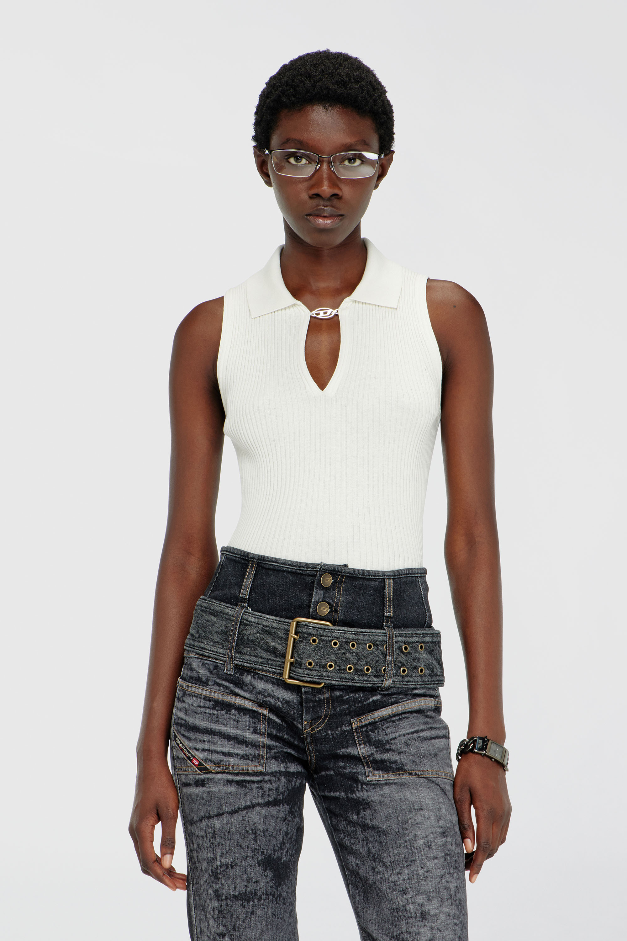 Diesel - M-LILITA, Woman's Sleeveless rib-knit polo top in silk blend in White - 3