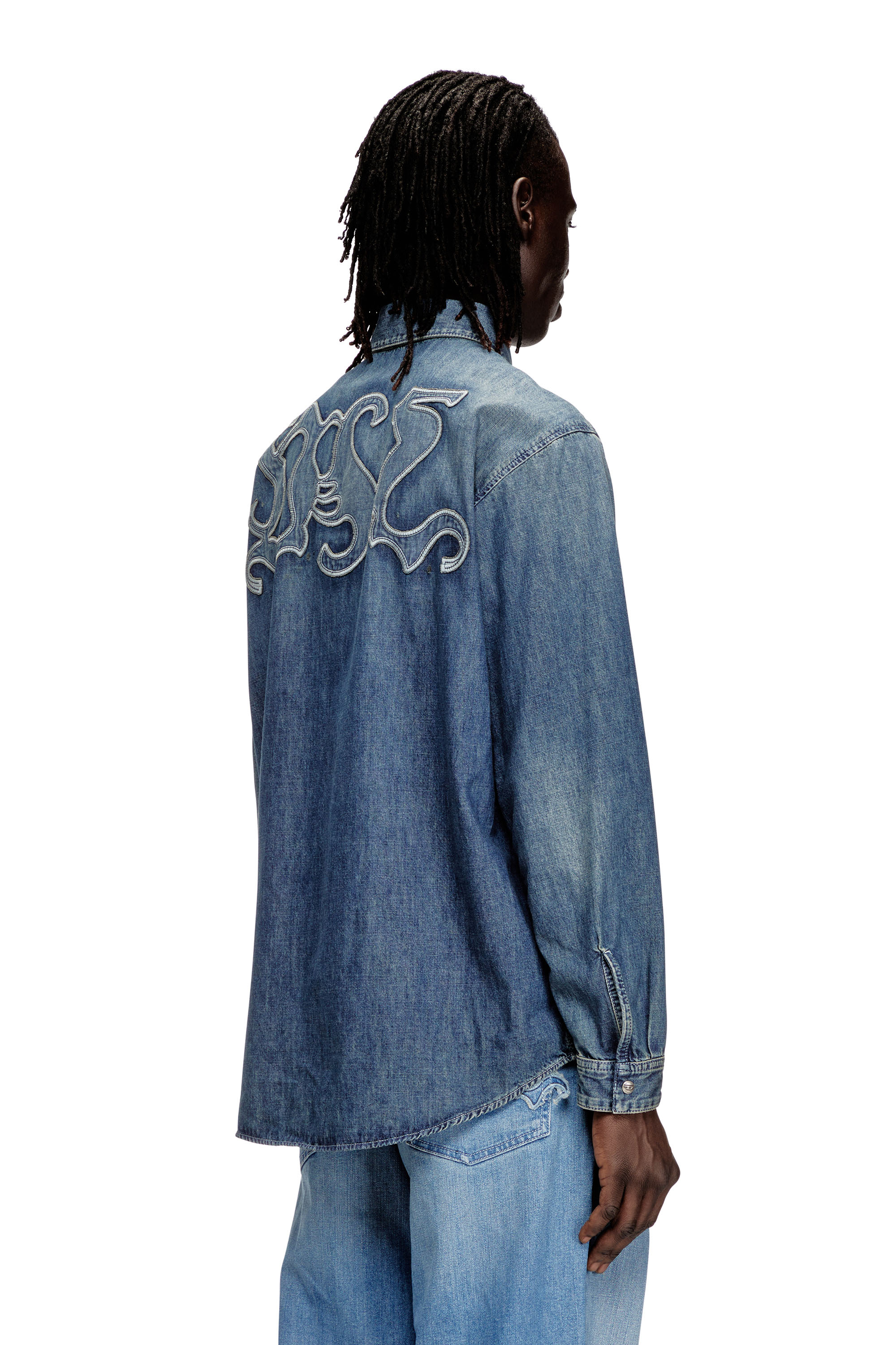 Diesel - D-SIMPLY-S15, Man's Denim shirt with embroidered emblem in Blue - 4