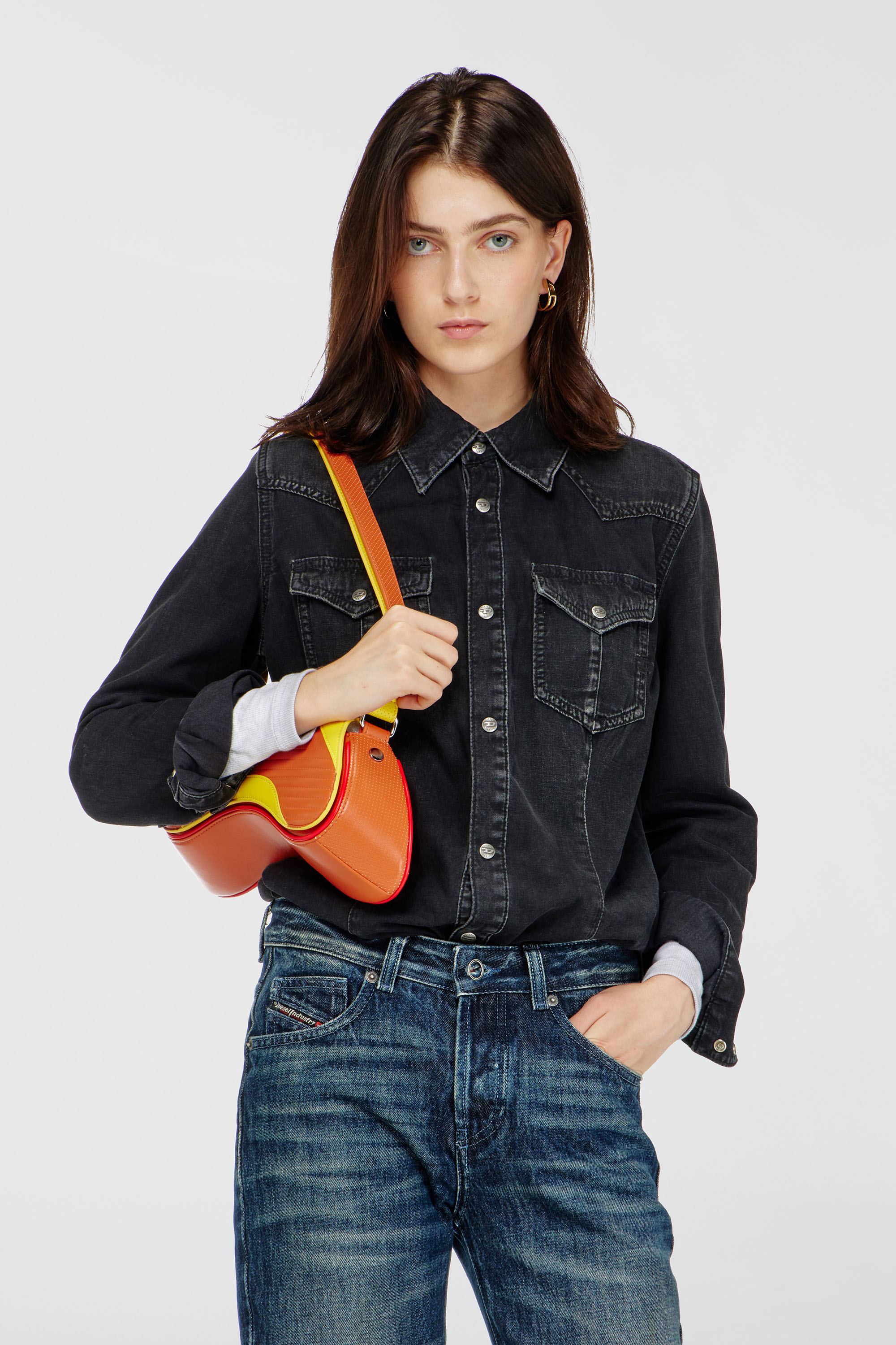 Diesel - DE-WAVES, Woman's Western shirt in treated denim in Black - 1