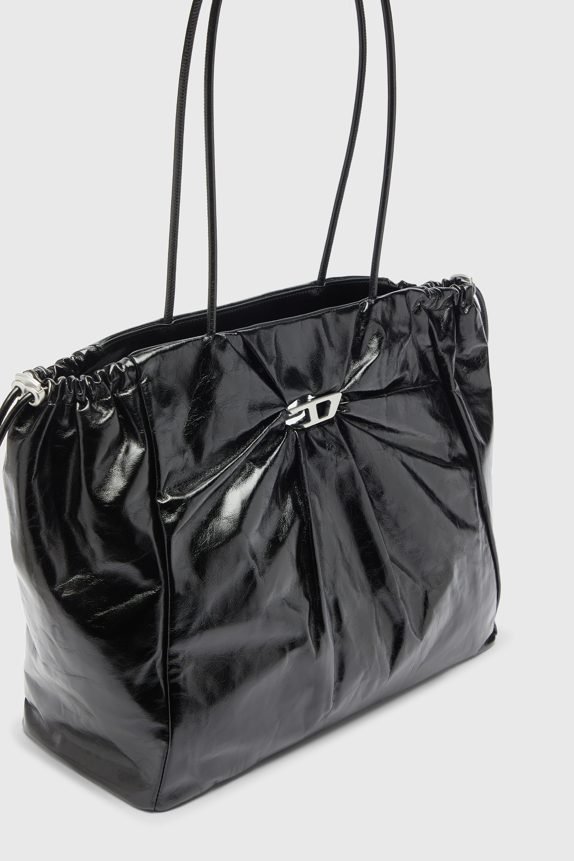 Diesel - SCRUNCH-D TOTE E/W, Woman's Scrunch-D - Tote bag in shiny wrinkled leather in Black - 5