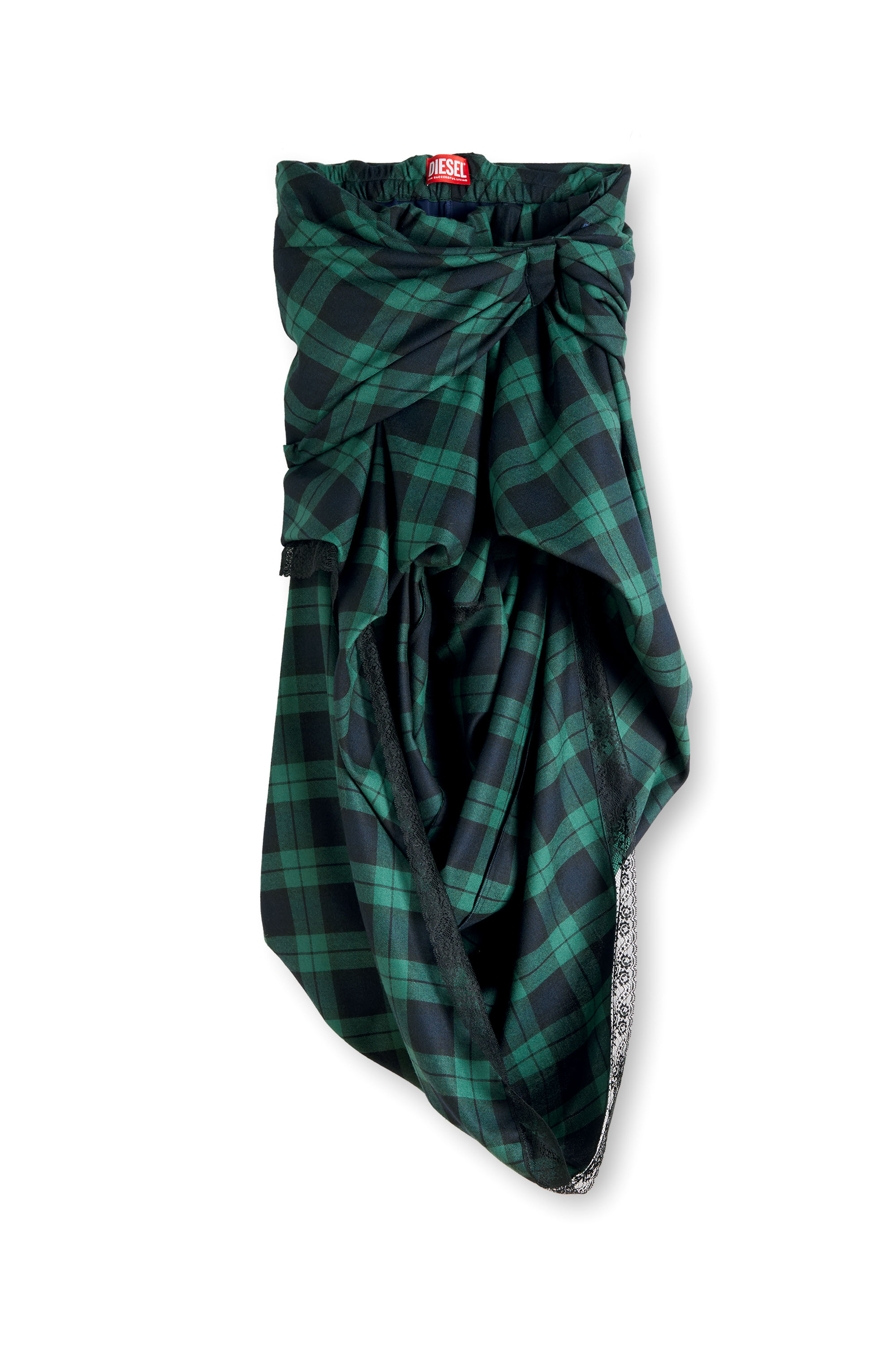 Diesel - O-WINNY, Woman's Draped tartan midi skirt with lace trim in Green/Blue - 2