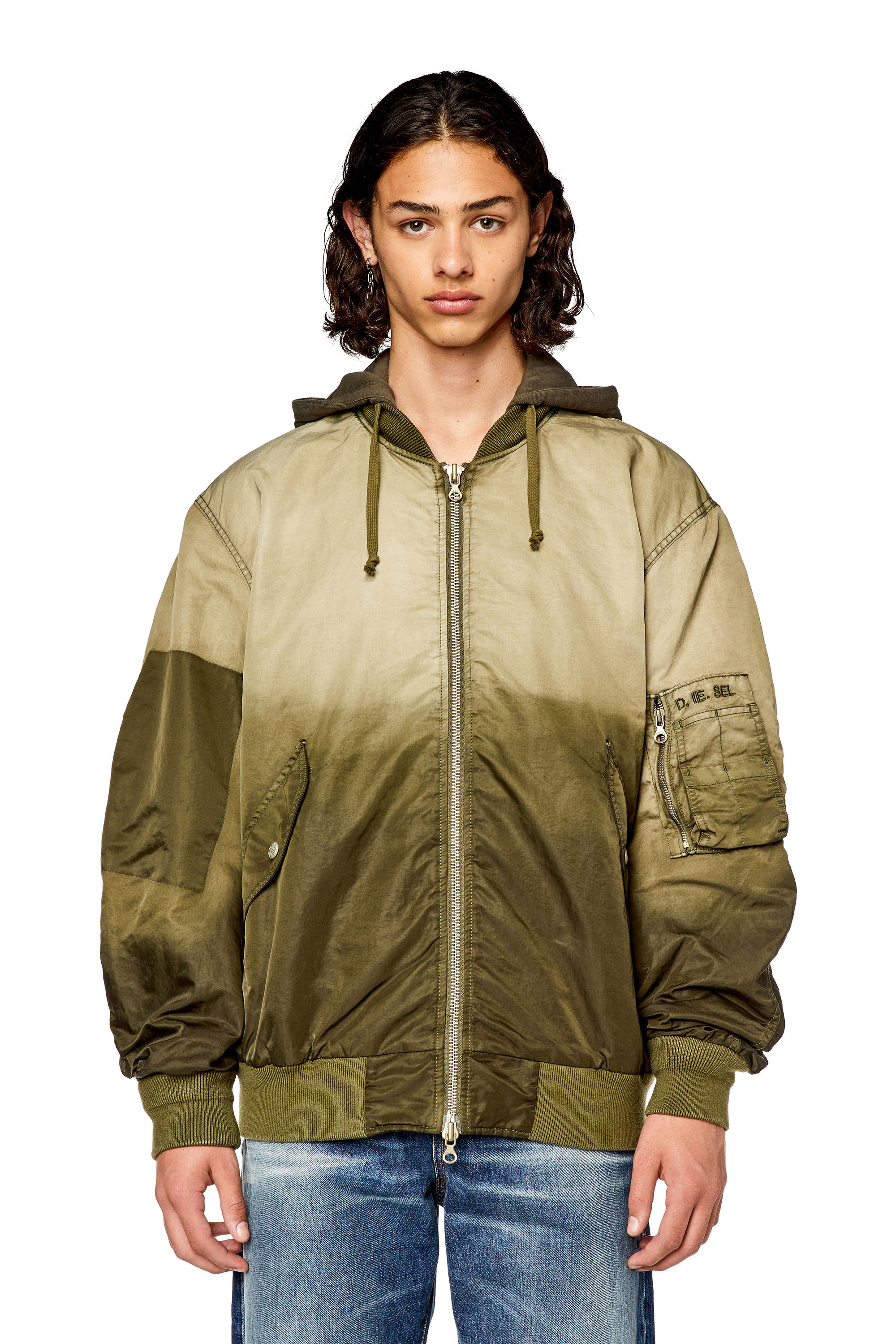 Diesel - J-COMMON, Man's Hooded bomber in treated nylon satin in Light Brown - 5