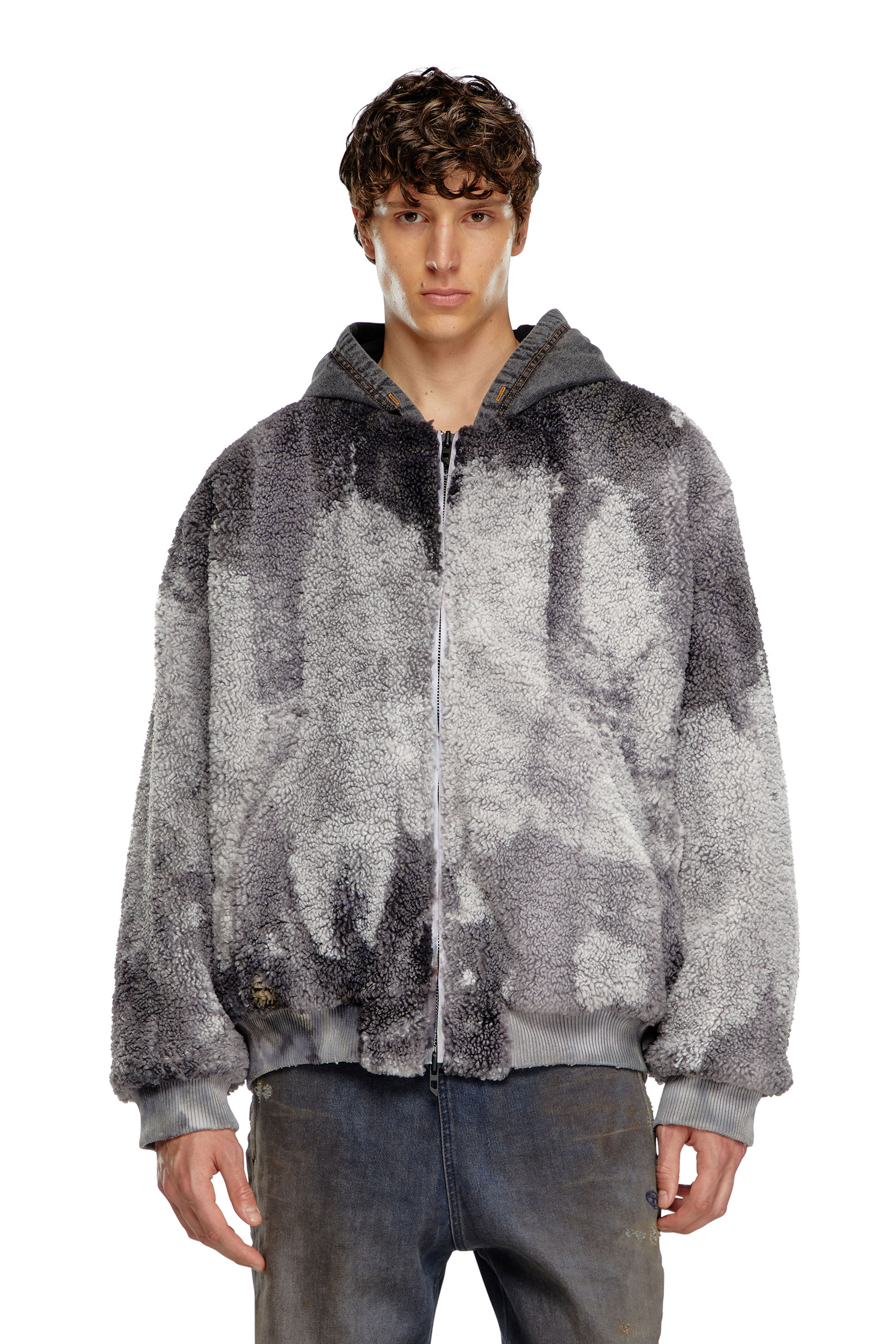 Diesel - S-DEPLA, Man's Tie-dyed teddy jacket with denim hood in Grey - 6