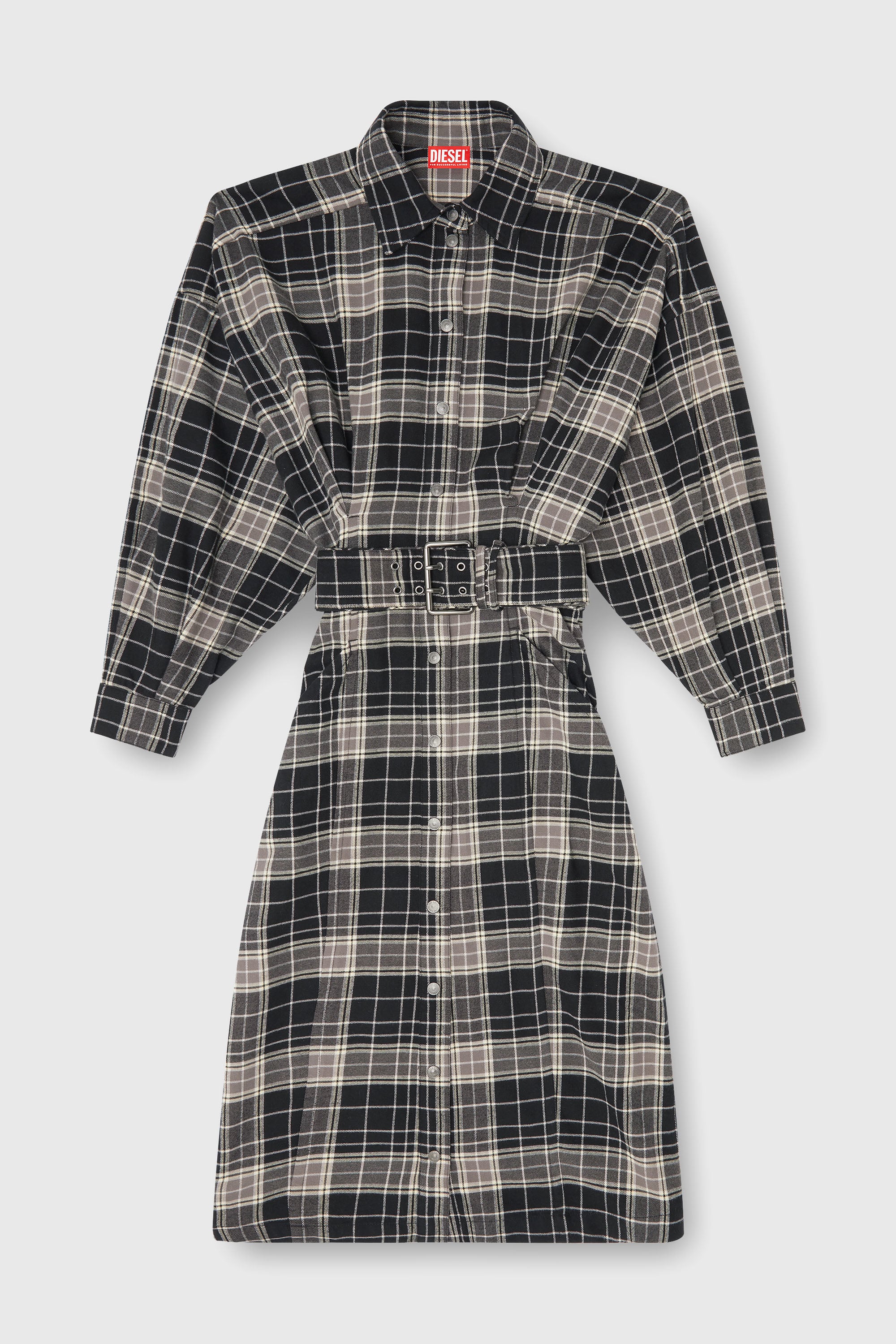 Diesel - D-EDALUS, Woman's Midi dress in check flannel with wide belt in Grey/Black - 1