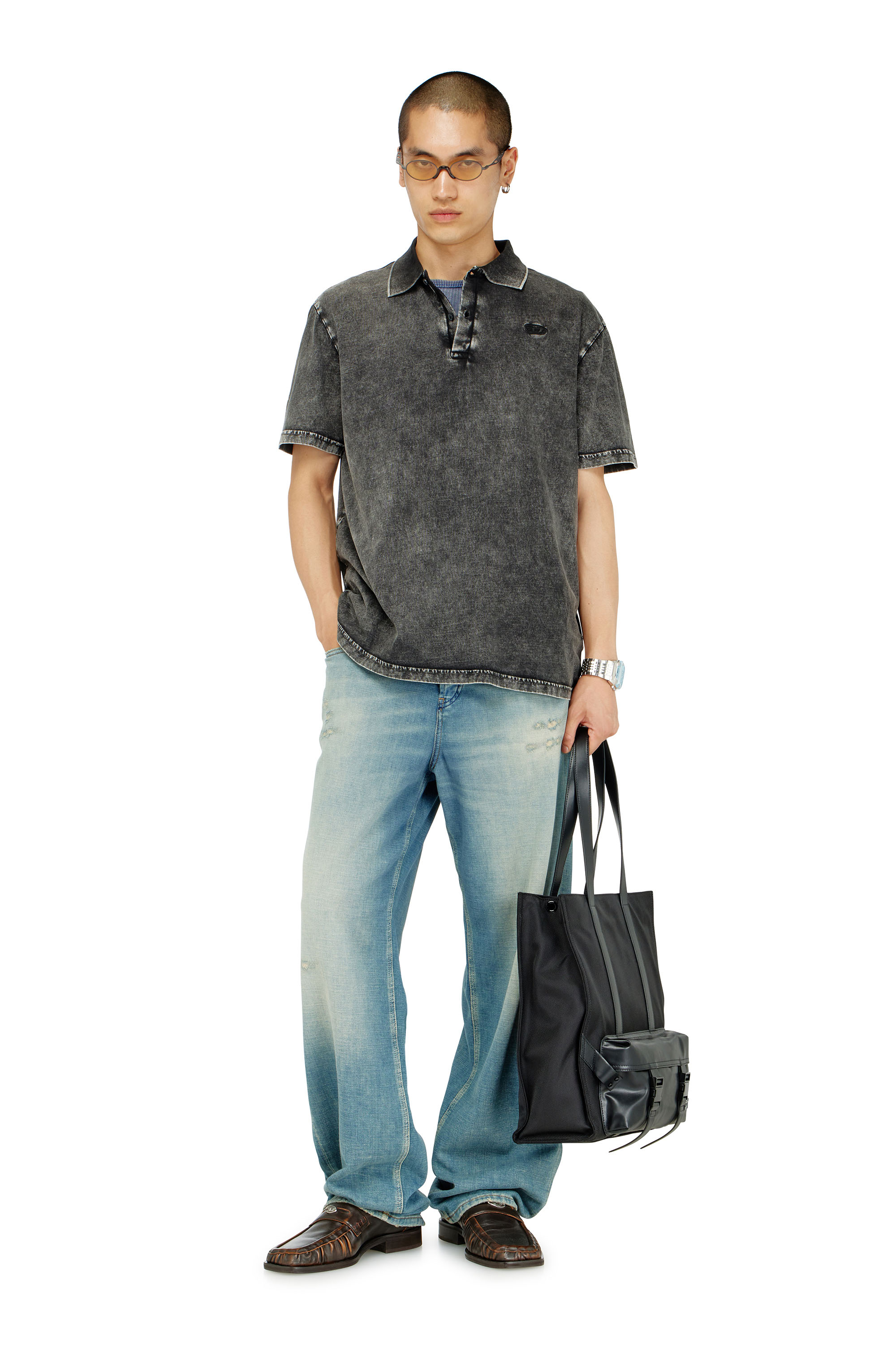 Diesel - T-REJUST-NC-DEN, Man's Polo shirt in denim-effect jersey in Dark grey - 2