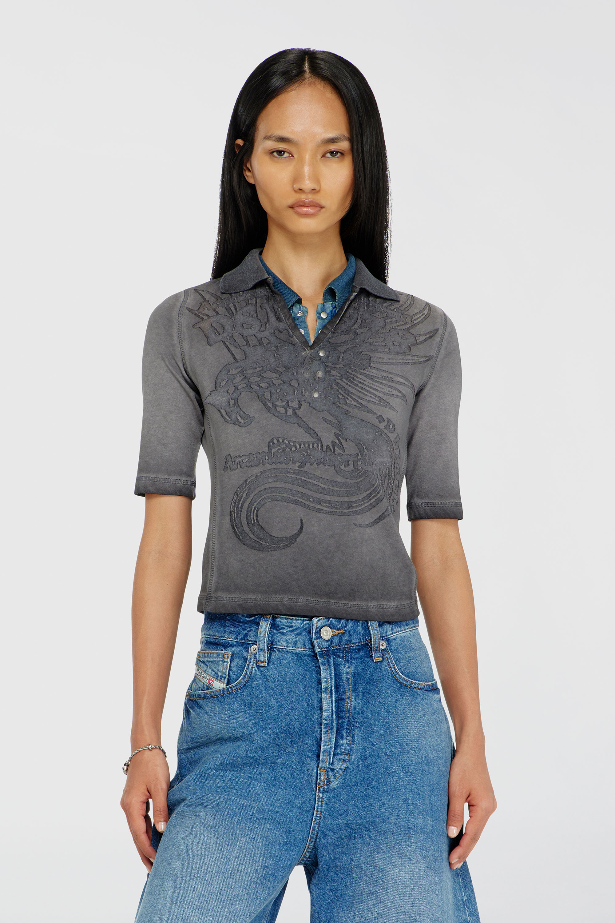 Diesel - T-BEA, Woman's Slim polo with d&eacute;vor&eacute; print in Grey - 3