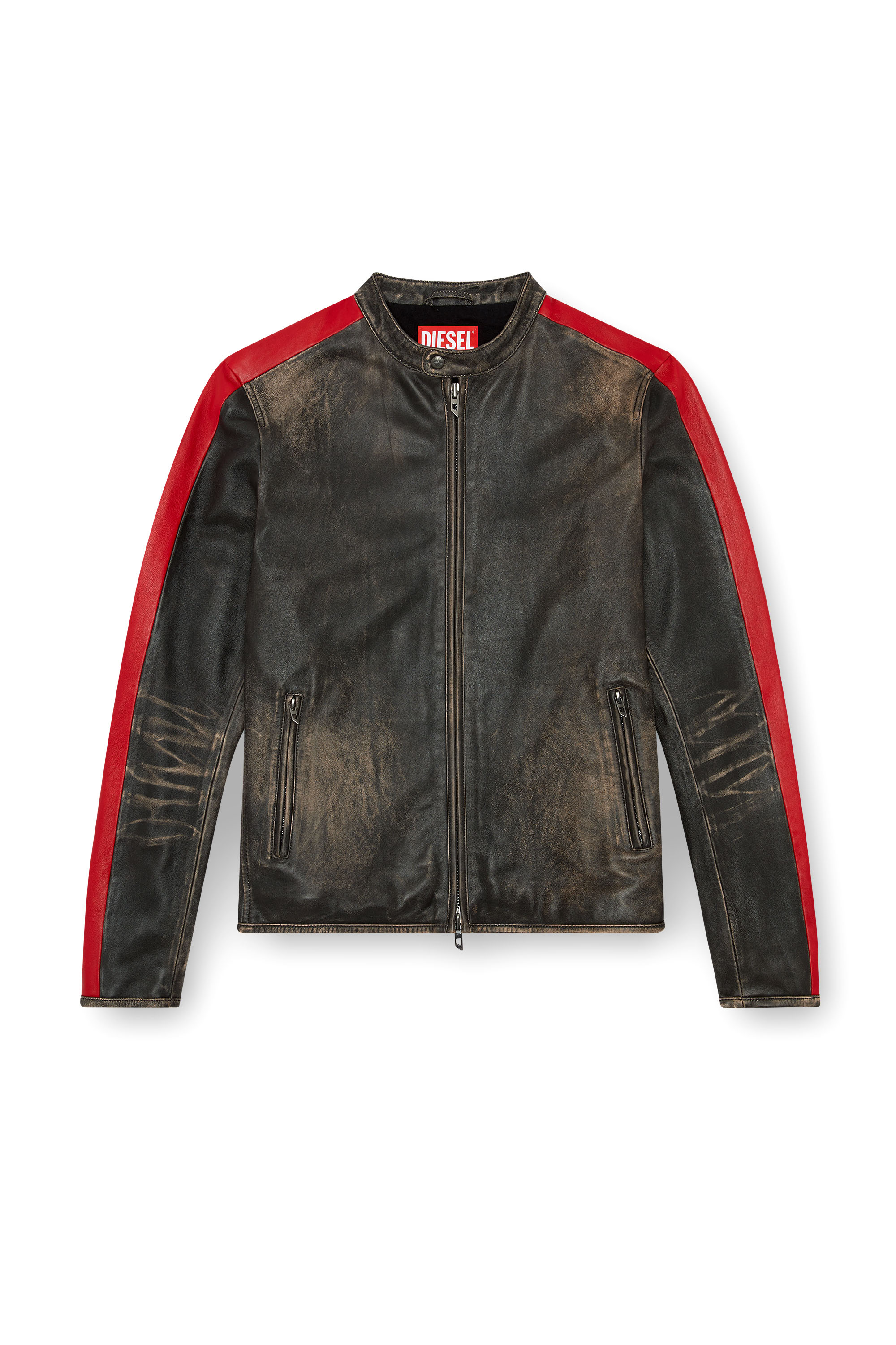 Diesel - L-RENN, Man's Leather jacket with contrasting stripes in Black/Red - 2
