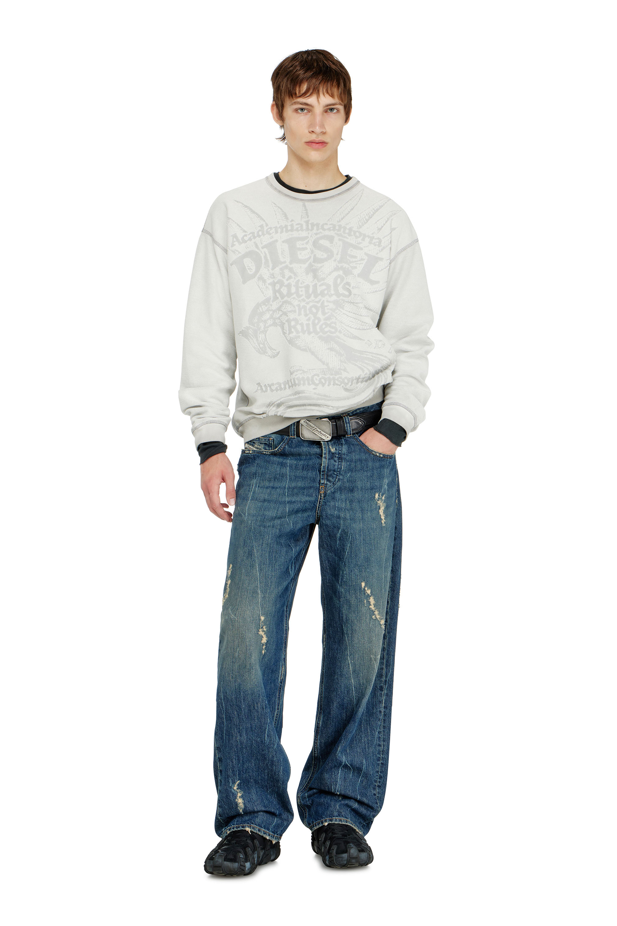 Diesel - S-ARON-RAW, Man's Sweatshirt with d&eacute;vor&eacute; print in Light Grey - 2