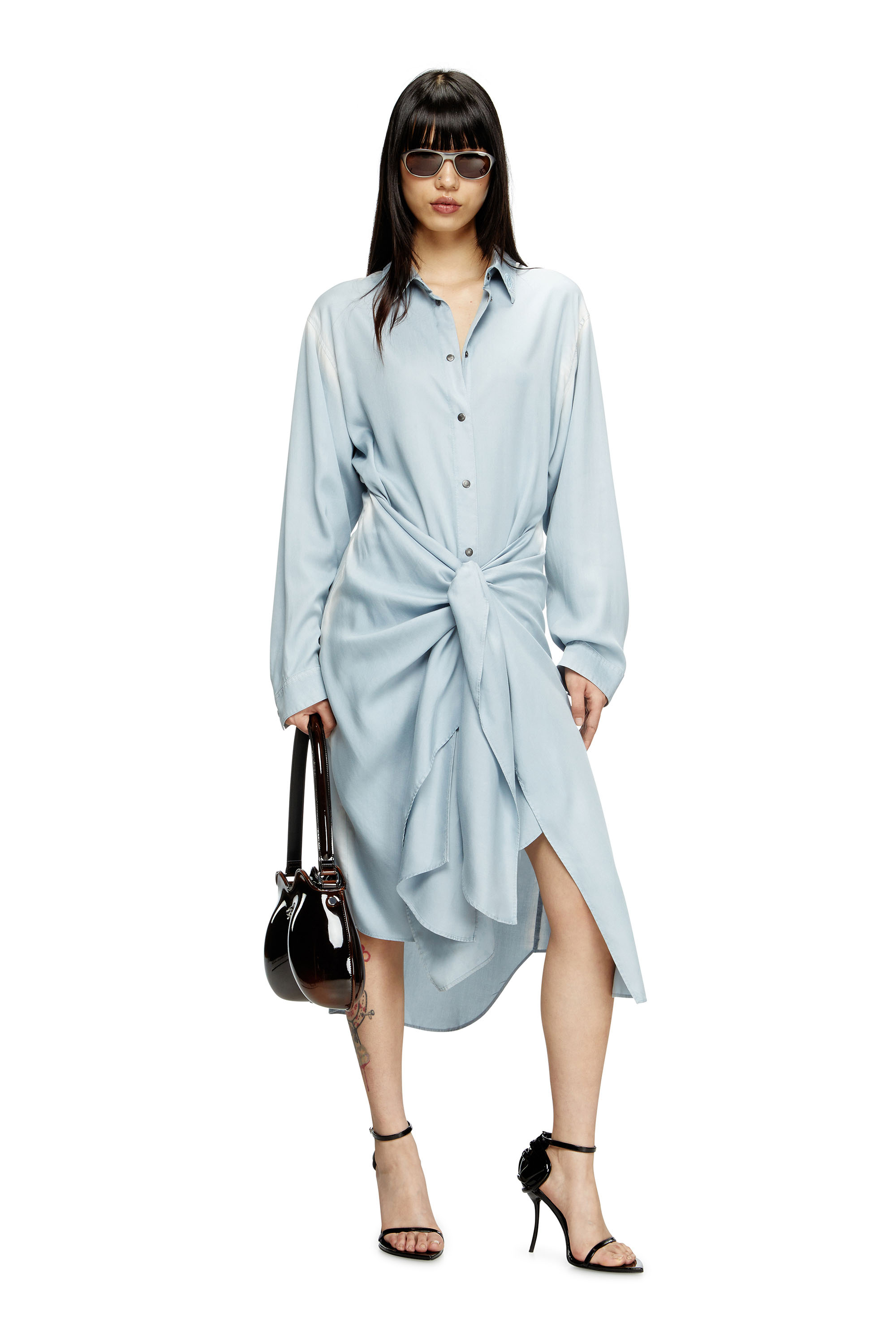Diesel - D-ILETTA-R1, Woman's Wrap shirt dress in treated twill in Light Blue - 1