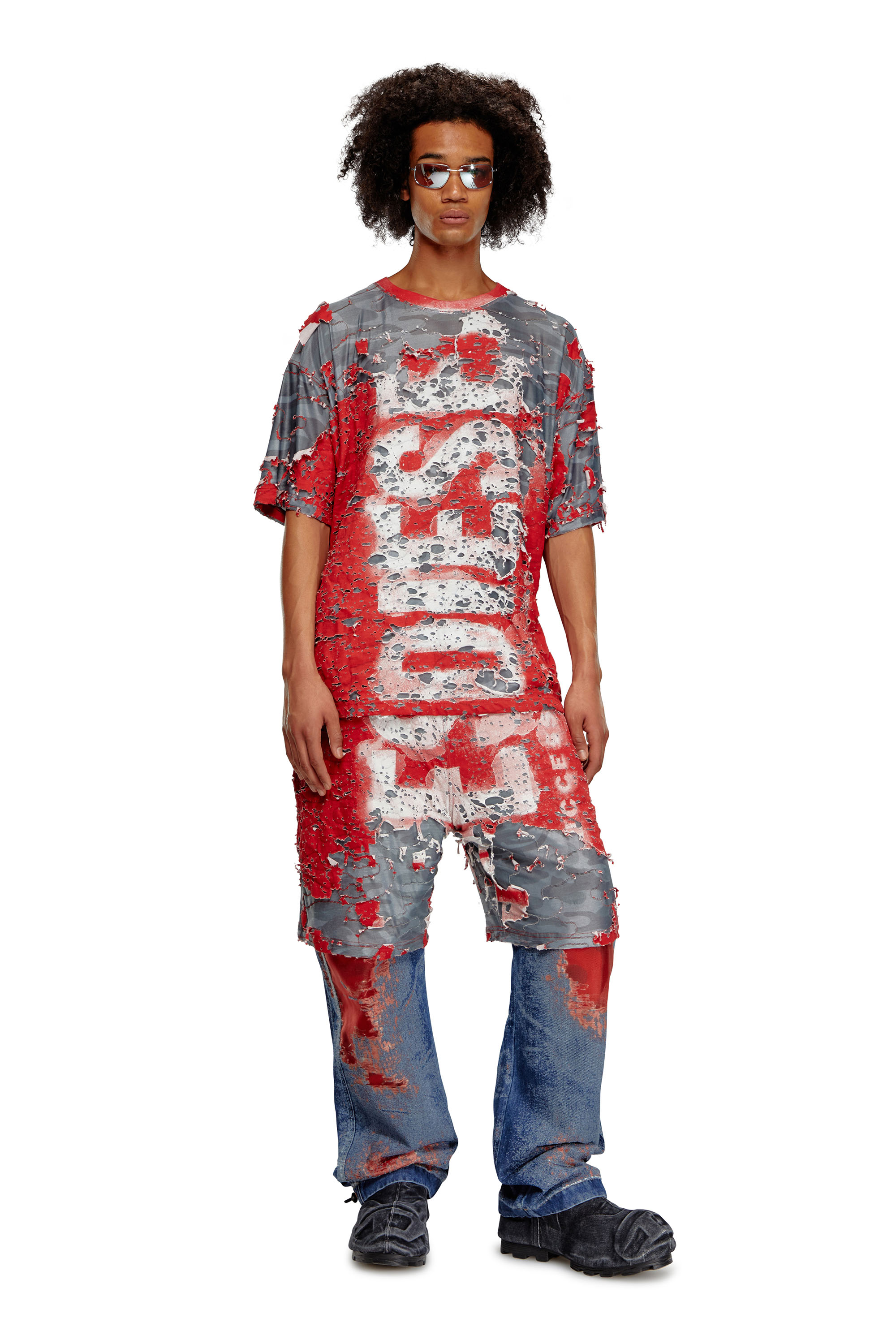 Diesel - T-BOXT-PEEL, Man's Logo T-shirt in destroyed jersey in Red - 1