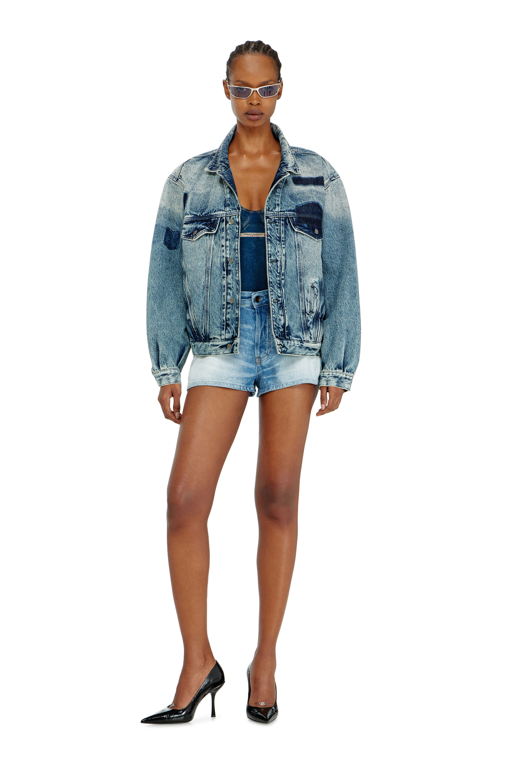 Diesel - D-DENVER-S2, Unisex's Trucker jacket with patch effects in Medium blue - 4